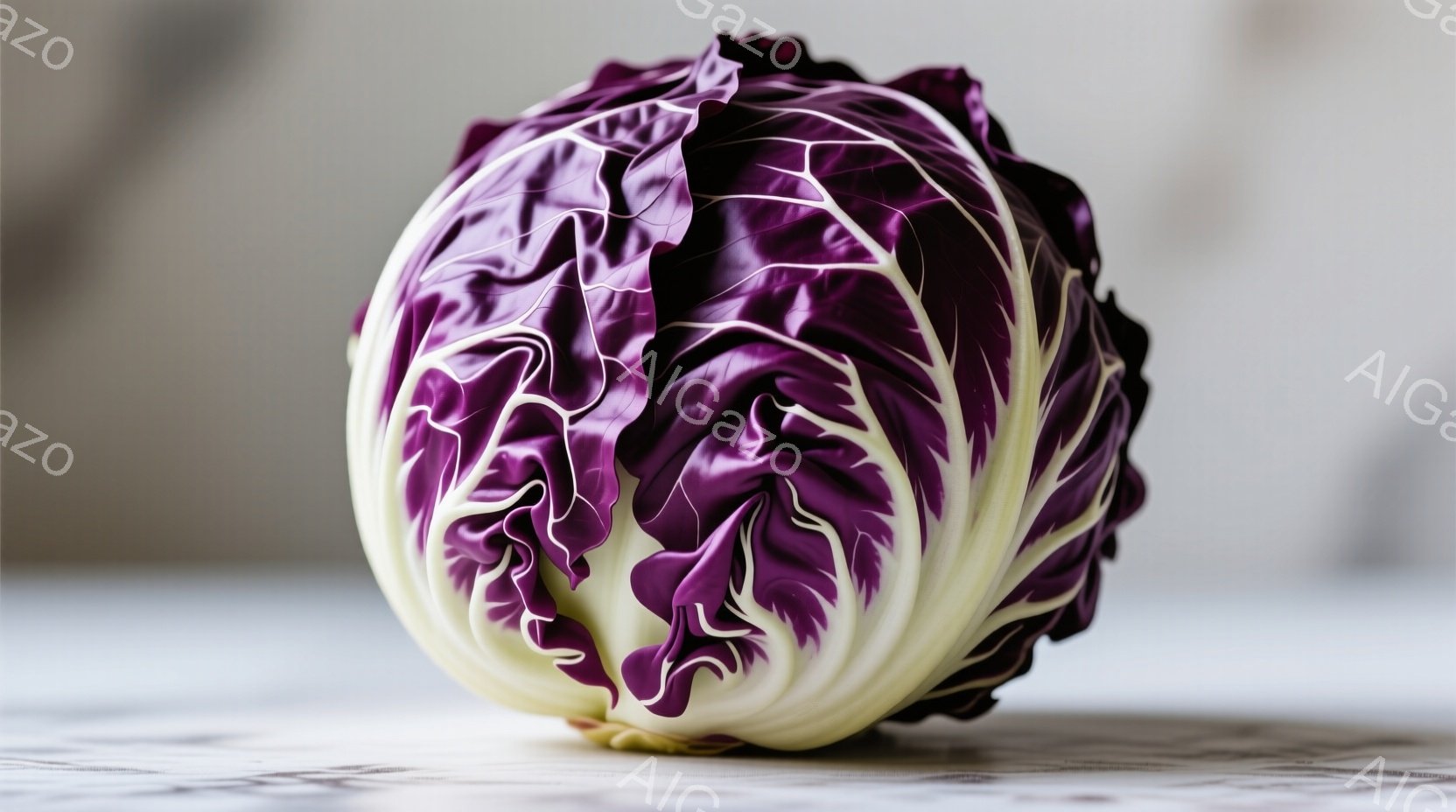 紫色のキャベツが半分に切られて、白い芯が見えています。背景はぼやけた大理石のような質感で、光が柔らかく当たっています。全体的に、シンプルで自然な雰囲気が漂い、食材の美しさが際立っています。