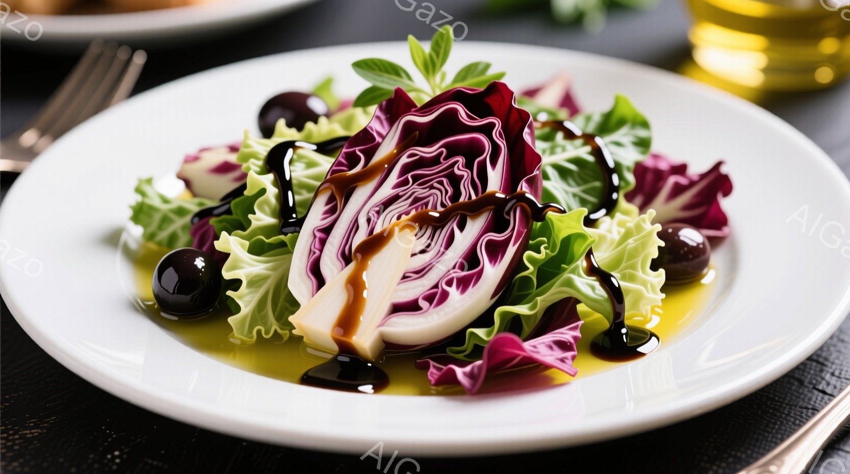 白い皿に、紫色のキャベツ、緑色のレタス、黒いオリーブが盛り付けられたサラダです。サラダの上には、濃い茶色のソースが線状にかけられており、フレッシュなハーブが添えられています。背景は暗く、皿の周りに銀器がわずかに見え、サラダが際立っています。