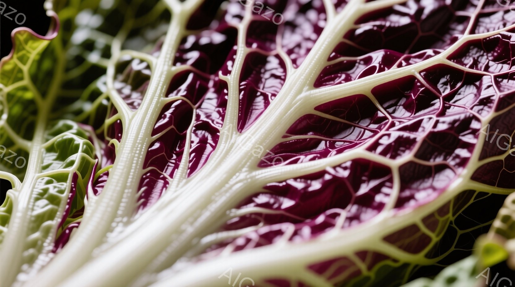 赤キャベツの葉のクローズアップです。紫色の脈が走り、葉脈が複雑に絡み合って美しい模様を作り出しています。光沢のある葉の質感と鮮やかな色彩が印象的で、自然の美しさを際立たせています。