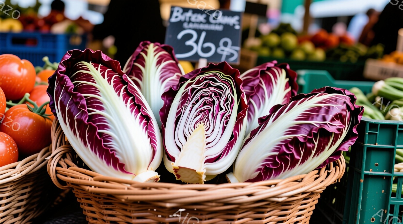 籠の中に赤と白の縞模様のキャベツがいくつか入っています。背景にはトマトや緑色の野菜が並び、黒板には価格が書かれています。全体的に、新鮮な農産物が並ぶ市場の活気ある雰囲気が伝わってきます。 - AI生成フリー素材