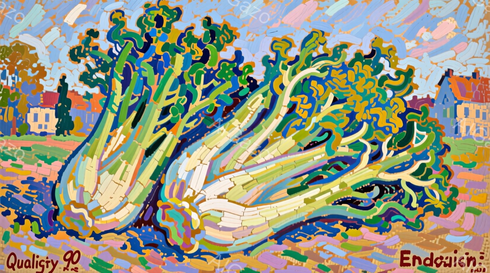 鮮やかな色彩で描かれた絵画で、緑色の植物が画面の中心を占めている。背景には、カラフルな建物と青空が広がり、暖かく明るい雰囲気を醸し出している。全体的に印象派のようなタッチで、自然の美しさと生命力を表現している。