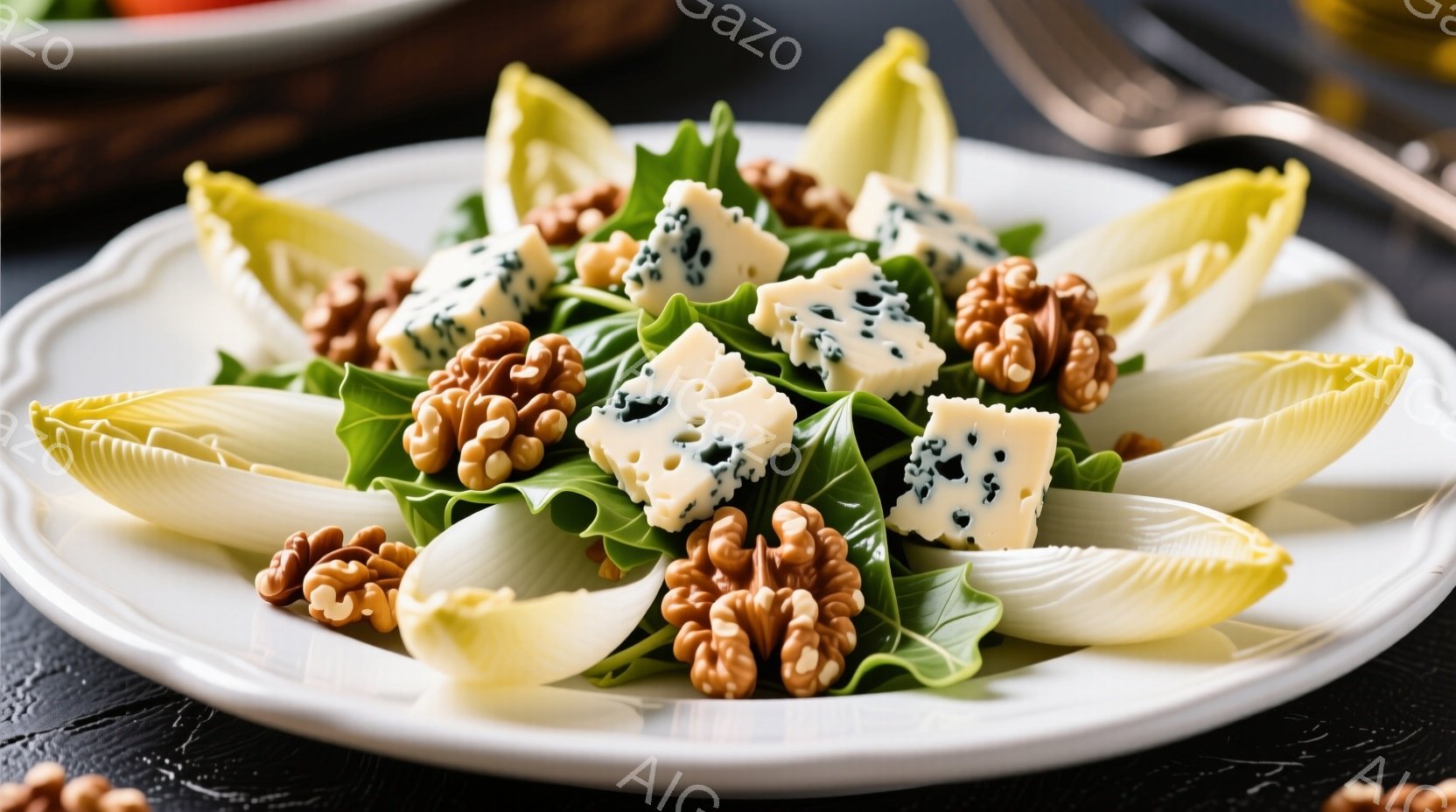 白い皿に、キュッと巻いた淡い黄色の葉野菜、青カビチーズの角切り、そしてクルミが盛り付けられています。葉野菜は放射状に配置され、彩り豊かで食欲をそそるサラダの盛り付けです。背景は暗いグレーで、他の食器が少し見え、全体的に落ち着いた雰囲気です。