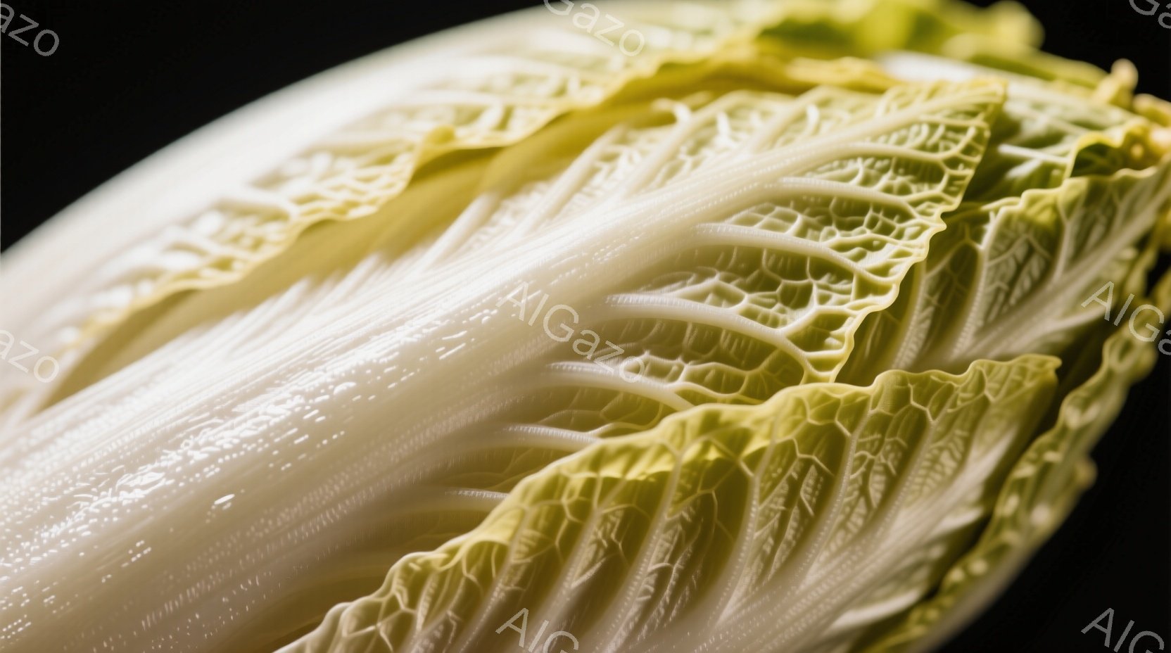 白菜の葉の極細密接写写真です。葉脈が複雑に絡み合い、淡い緑色から白へのグラデーションが美しく、まるで彫刻のような繊細さを感じさせます。暗い背景が葉の質感を際立たせ、静かで落ち着いた雰囲気を醸し出しています。