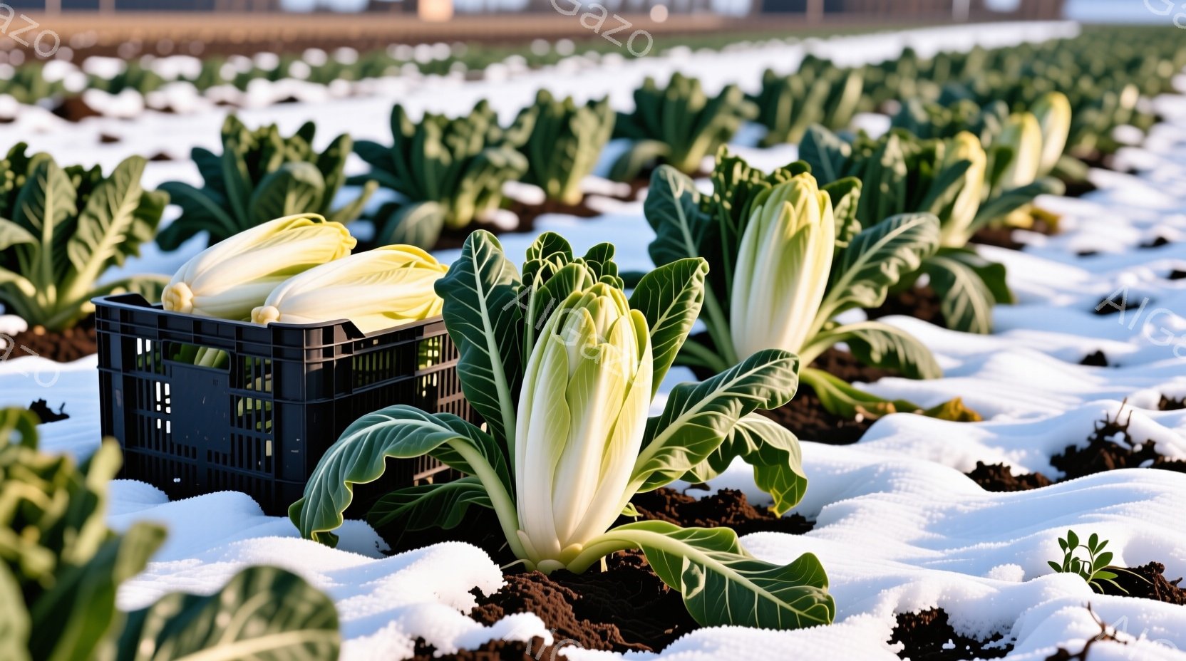 霜や雪に覆われた畑に、白いエンダイブが密集して植えられています。黒いプラスチックの収穫箱に収穫されたエンダイブもいくつか見られ、冬の寒さを感じさせる光景です。背景には、ぼんやりとした農地の風景が広がり、全体的に静かで冷たい雰囲気が漂っています。