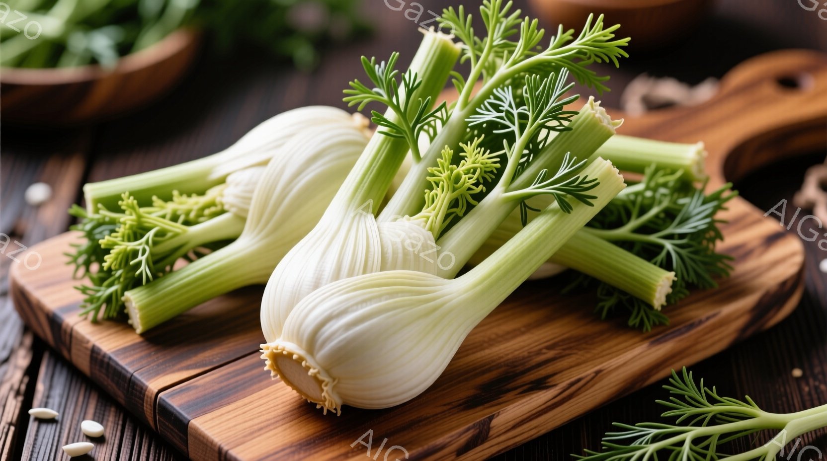 木製のカッティングボードの上に置かれた新鮮なフェンネルの球根がいくつか写っています。緑色の葉が豊かに茂り、球根は白っぽく、少し青みがかった色合いをしています。背景には、ぼやけた木製の表面と小さな白い種 - AI生成フリー素材