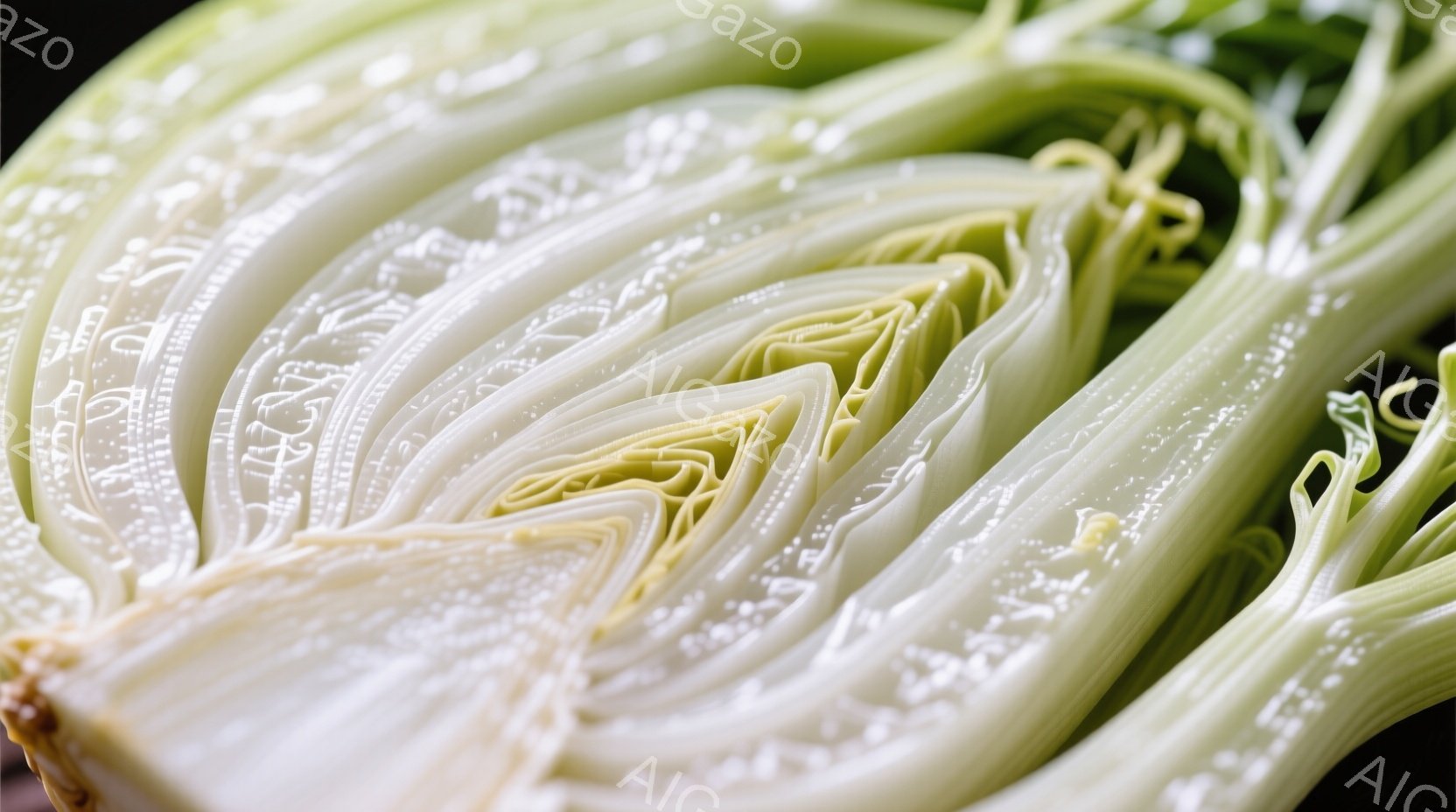 白菜の断面がクローズアップで捉えられています。葉脈がはっきりと見え、瑞々しく新鮮な印象を与えます。背景は暗く、白菜の白い部分と淡い緑色が際立って見え、食感と生命力を感じさせます。 - AI生成フリー素材