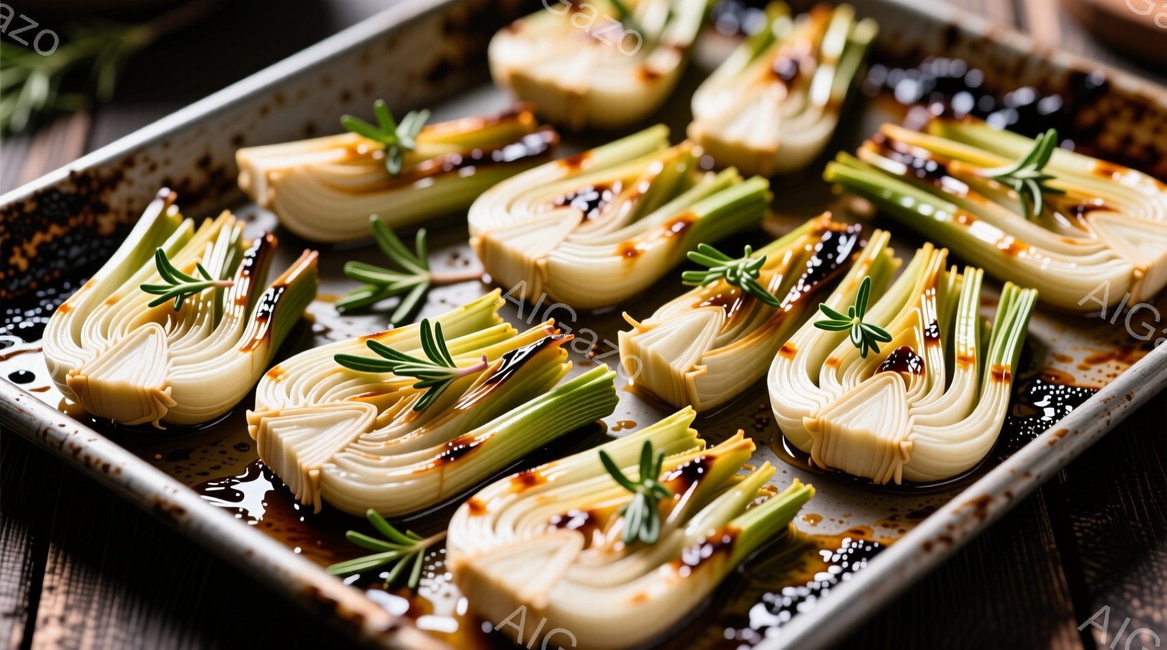 焼かれたリークが金属製のトレイに並べられており、焦げ目がつき、美味しそうに見える。リークの上には、緑色のローズマリーが添えられ、全体的に温かみのある雰囲気を醸し出している。背景はぼやけており、調理に焦 - AI生成フリー素材