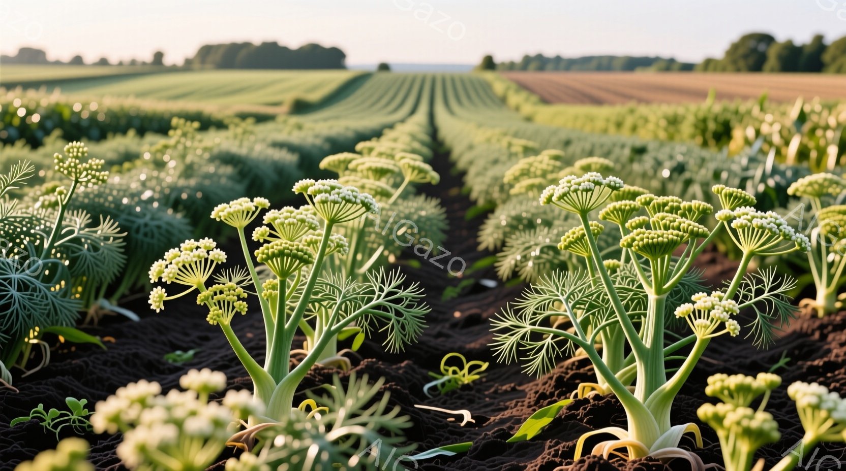 広大な畑に白い花を咲かせたセリ科の植物が整然と並んでいる様子が写っている。手前に咲く花は鮮明に捉えられ、背景には畝が連なり、遠くには緑の帯状の風景が広がっている。全体的に、穏やかで、自然の恵みを感じさせる、静謐な雰囲気が漂っている。