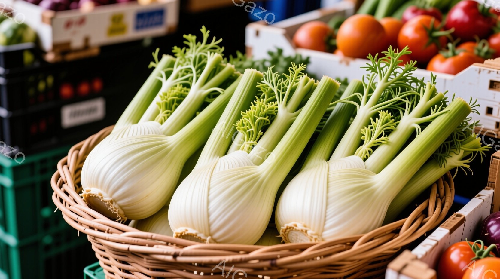 籠の中に、白くて細長いフェンネルがぎっしりと詰まっています。背景には、紫色のナスや赤いトマトが積み重ねられた青いプラスチック製の箱が見え、市場や農産物直売所の賑やかな雰囲気が感じられます。全体的に自然光が差し込み、新鮮な野菜の色彩が鮮やかに映えています。