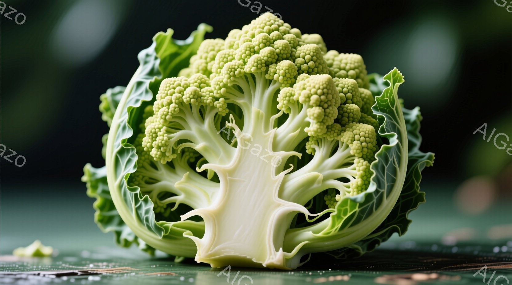 鮮やかな緑色のカリフラワーが、暗緑色の背景をぼかして強調されています。カリフラワーは半分にカットされ、複雑なフラクタル構造が白と緑のコントラストで美しく際立っています。全体的に、自然の造形美と健康的な食生活を想起させる、洗練された静物画のような雰囲気です。