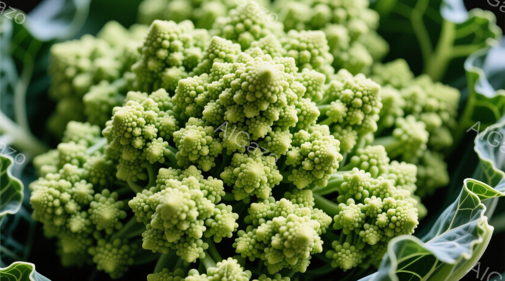 鮮やかな緑色のブロッコリーが画面全体を占めており、緻密な房が特徴的です。葉はわずかにカールしており、生命力にあふれる印象を与えます。全体的に明るく、健康的な食生活を連想させる、新鮮な野菜のクローズアップ写真です。