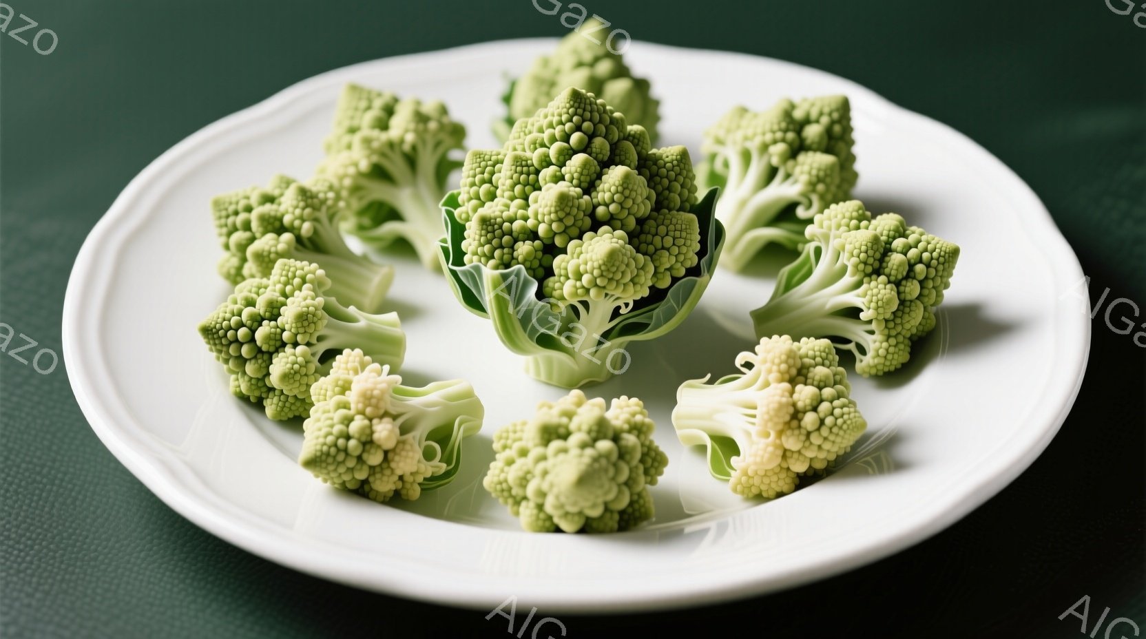白い皿に、小さなブロッコリーの房が円形に並べられています。ブロッコリーは鮮やかな緑色で、茎の部分は白く、新鮮さを感じさせます。背景は濃い緑色で、ブロッコリーの緑色を際立たせており、シンプルで落ち着いた - AI生成フリー素材