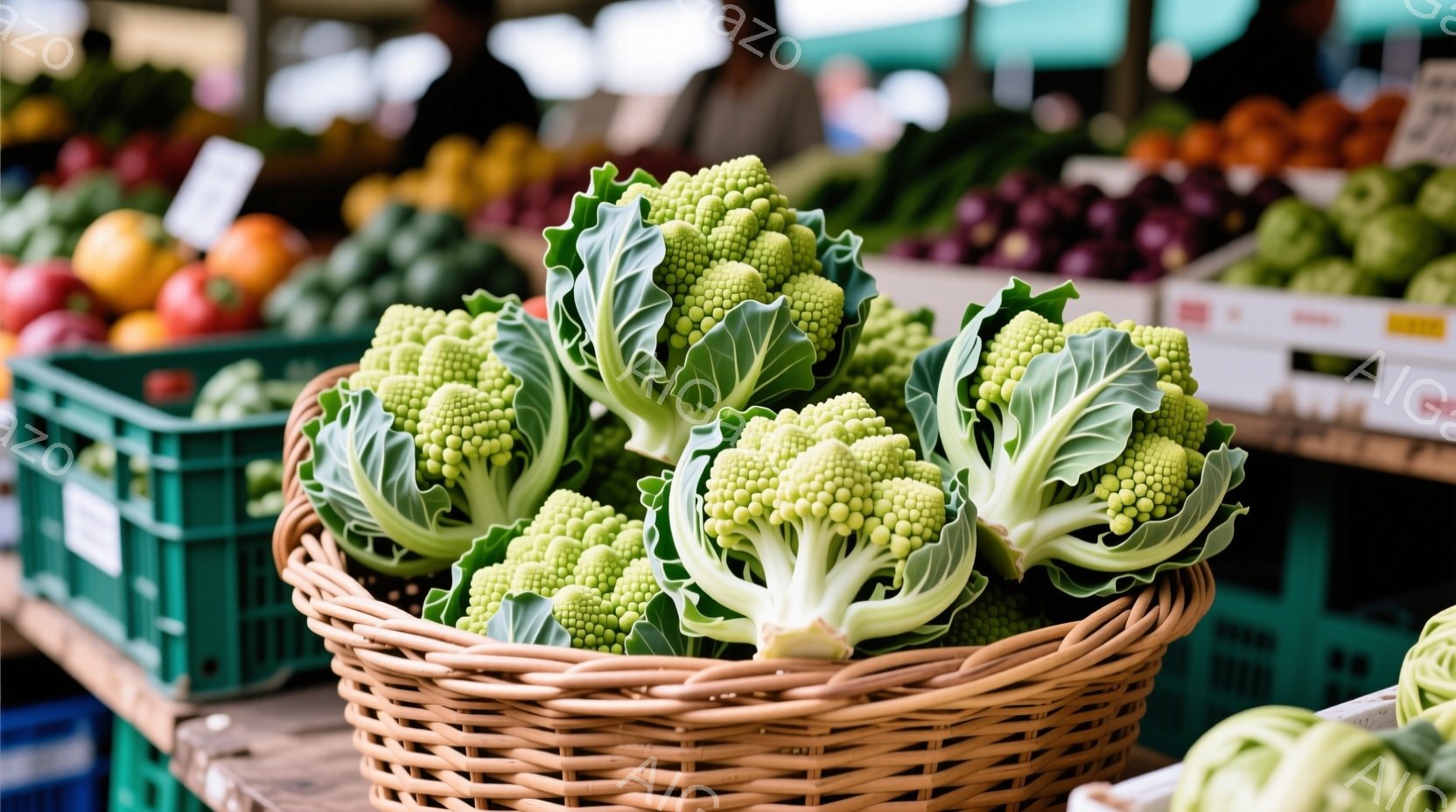 籠には緑色のカリフラワーがぎっしりと詰まっており、葉は鮮やかでみずみずしい様子がうかがえる。背景には、緑色のプラスチック製の箱が積み重ねられており、その中に紫色の野菜やオレンジ色の果物がぼんやりと見え - AI生成フリー素材
