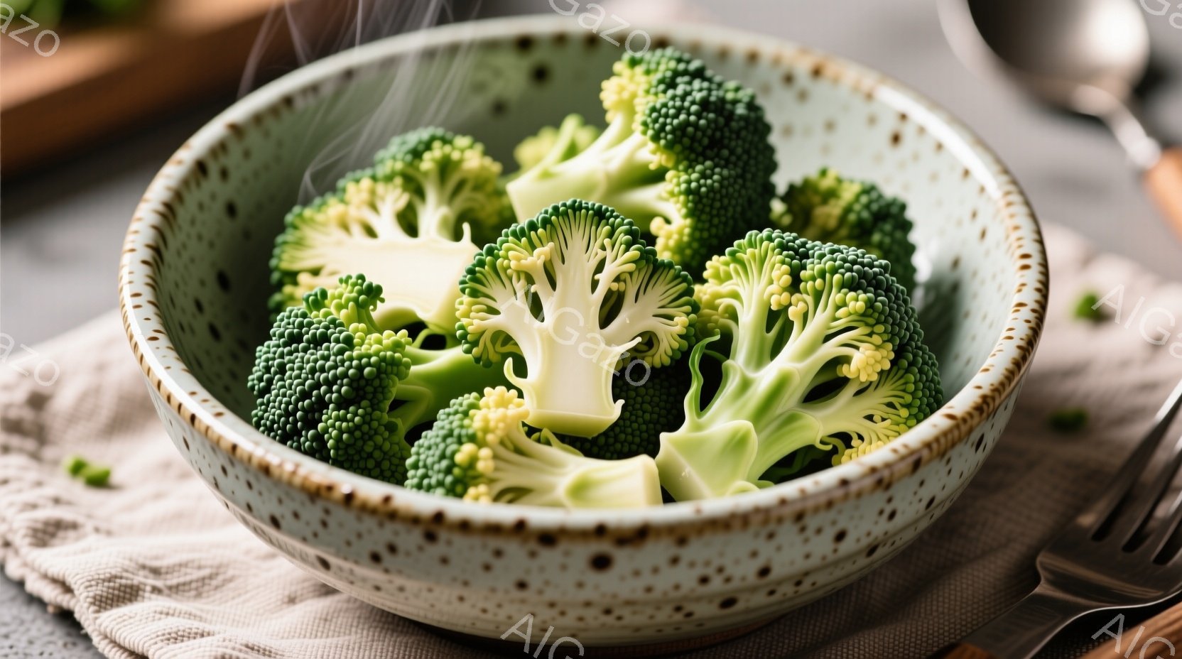 浅緑色のドット模様の器に、湯気が立ち上る緑豊かなブロッコリーが盛られています。背景には薄茶色のリネンクロスが敷かれ、左奥には銀色のフォークとスプーンがわずかに見えます。全体的に、シンプルで健康的な食事を連想させる、温かく落ち着いた雰囲気です。