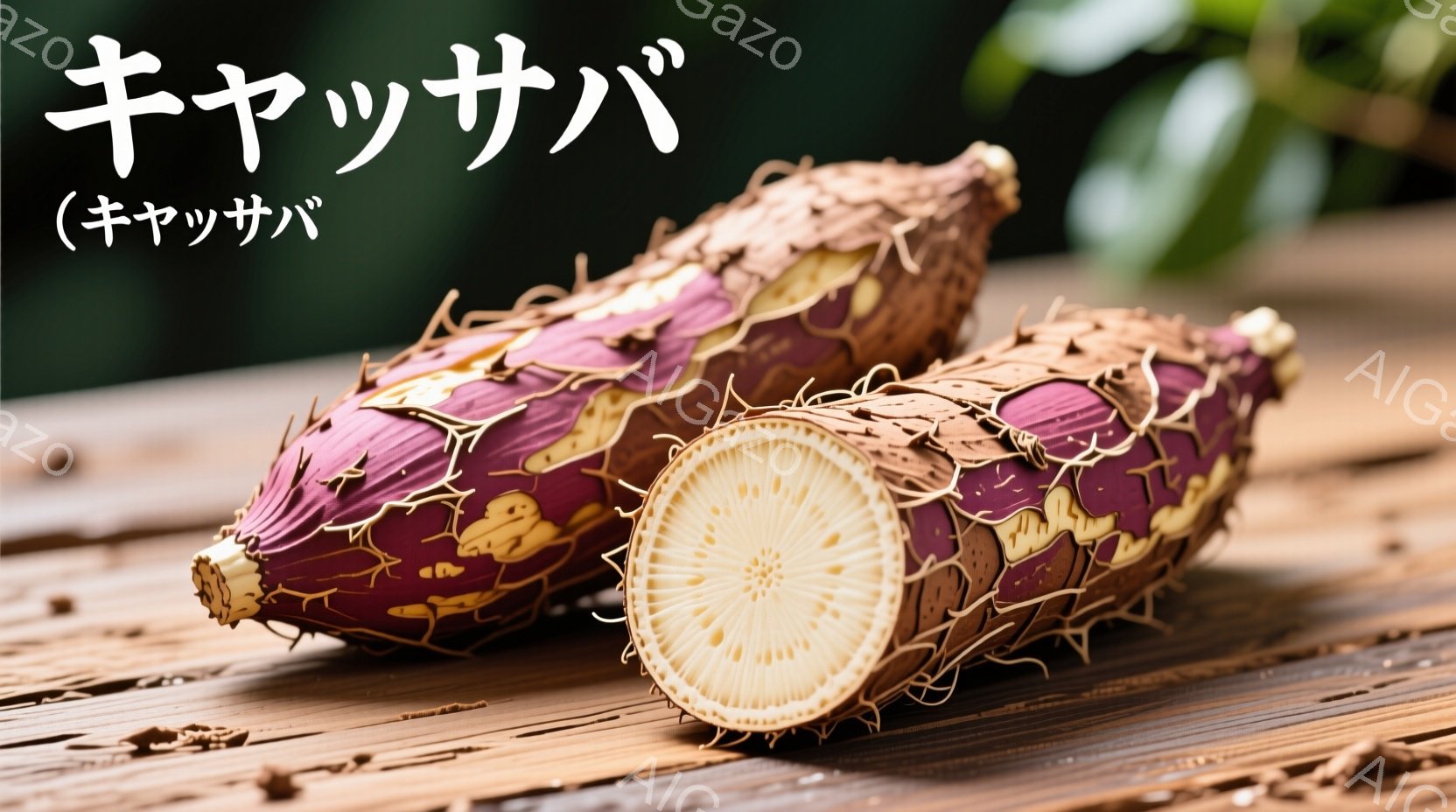 根茎類である里芋が、木の板の上に横たわっている。一つは縦に切り開かれており、白い中身と独特の模様がよく見える。背景はぼやけており、自然光が柔らかく全体を照らしている。