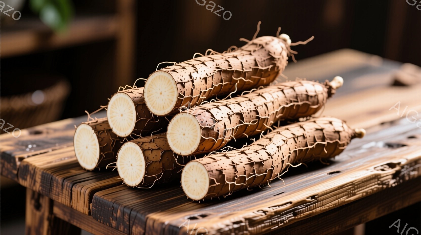 土に汚れた根茎状の野菜が木製の台の上に積み重ねられています。野菜は細長く、表面は茶色で、根が露出しています。背景は暗く、木製の家具の一部が見え、素朴で自然な雰囲気を作り出しています。 - AI生成フリー素材