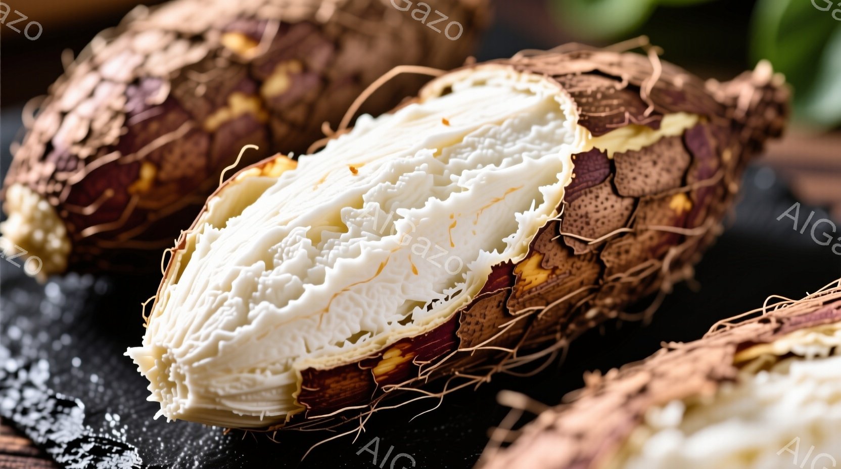 根茎類であるヤムイモの断面が写っている。紫がかった皮の内側は白く、繊維質の食感がうかがえる。背景は暗い木製または石質の表面で、ヤムイモの根がいくつか散らばっている。