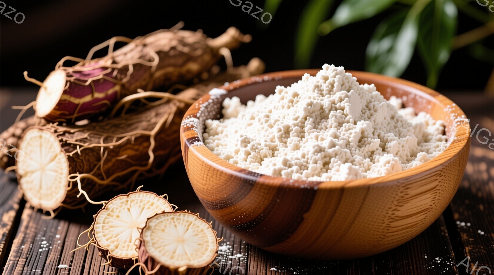 レンコンの根茎とすりおろされたレンコンが写っています。木製の茶碗に盛られたすりおろしたレンコンは白く、根茎は茶色と白のコントラストが美しい断面を見せています。背景は木目調のテーブルで、落ち着いた雰囲気 - AI生成フリー素材