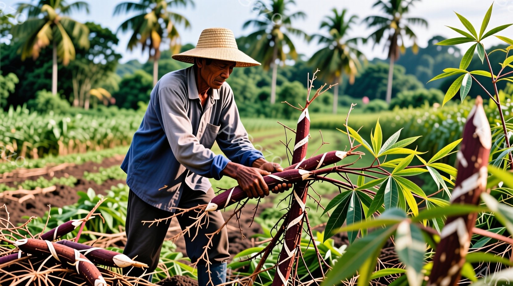 老人が畑でカッサバのような根菜を収穫している様子が写っている。彼は薄いブルーのシャツとダークグレーのズボンを着用し、頭には伝統的な麦わら帽子を被っている。背景には緑豊かな植物とヤシの木々が広がり、日中の穏やかな雰囲気の中で農業に従事している様子が伺える。
