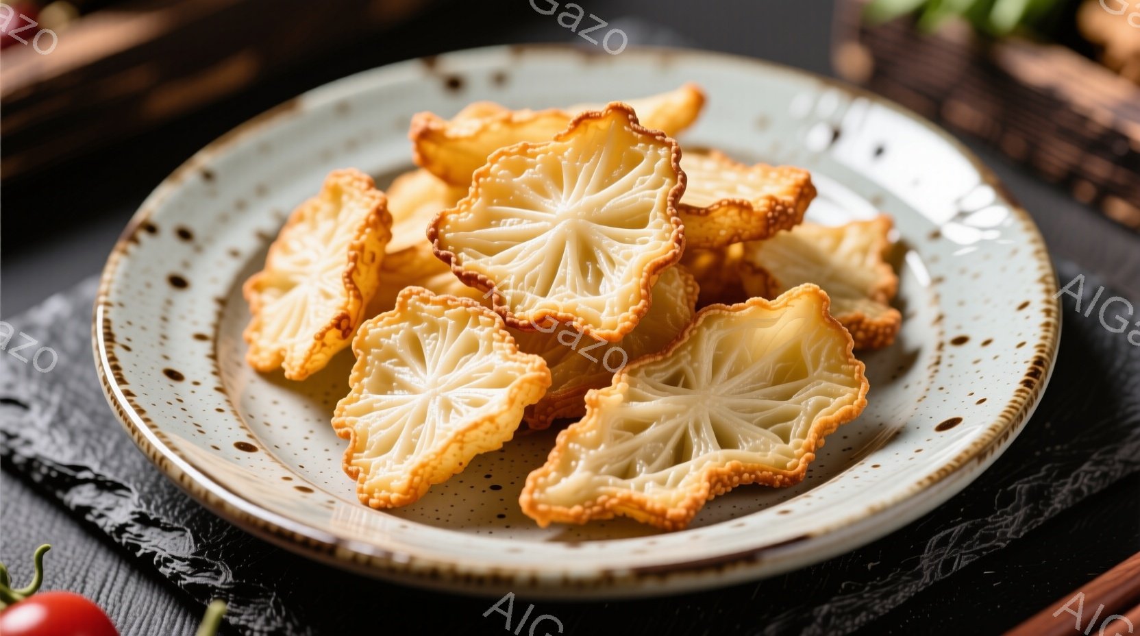 浅い水色の縁取りのある白い皿の上に、まるで蓮の花びらのように見える揚げたスナック菓子が積み重ねられています。背景には黒い布地が見え、左下には赤いトマトが少しだけ写っており、右には編まれたカゴの一部が見えます。全体的に、料理の美しい盛り付けと、落ち着いた背景が印象的な、食欲をそそる雰囲気です。