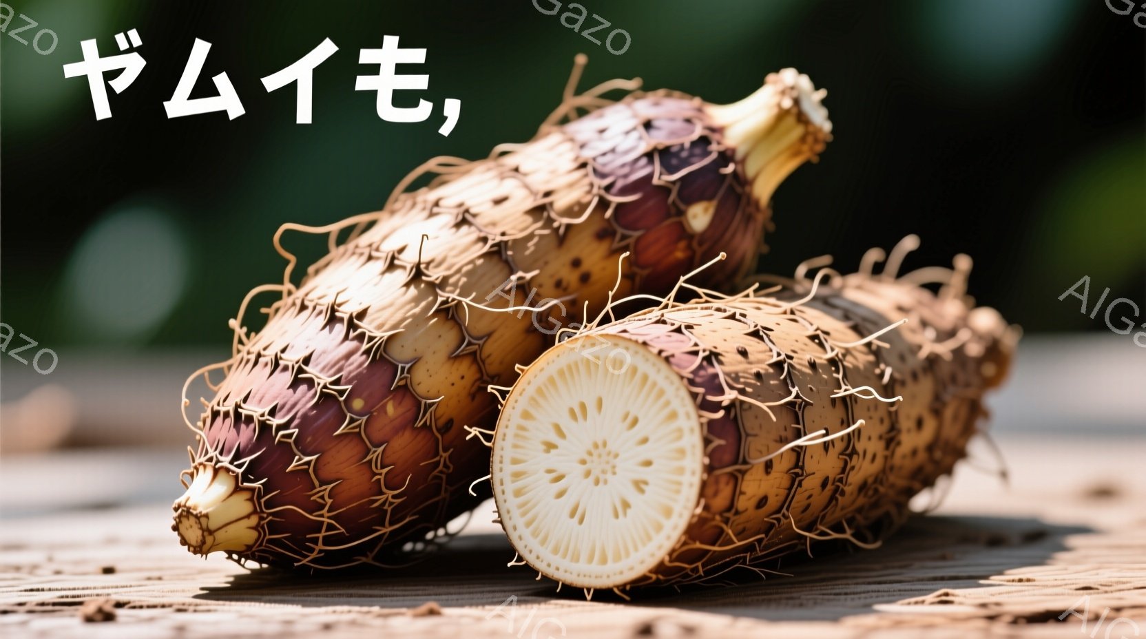 割ったばかりのレンコンが写っています。紫色の皮と、星のような模様が印象的な白い内部がはっきりと見えます。木製のテーブルのような場所に置かれており、自然光の下でその形状が際立っています。