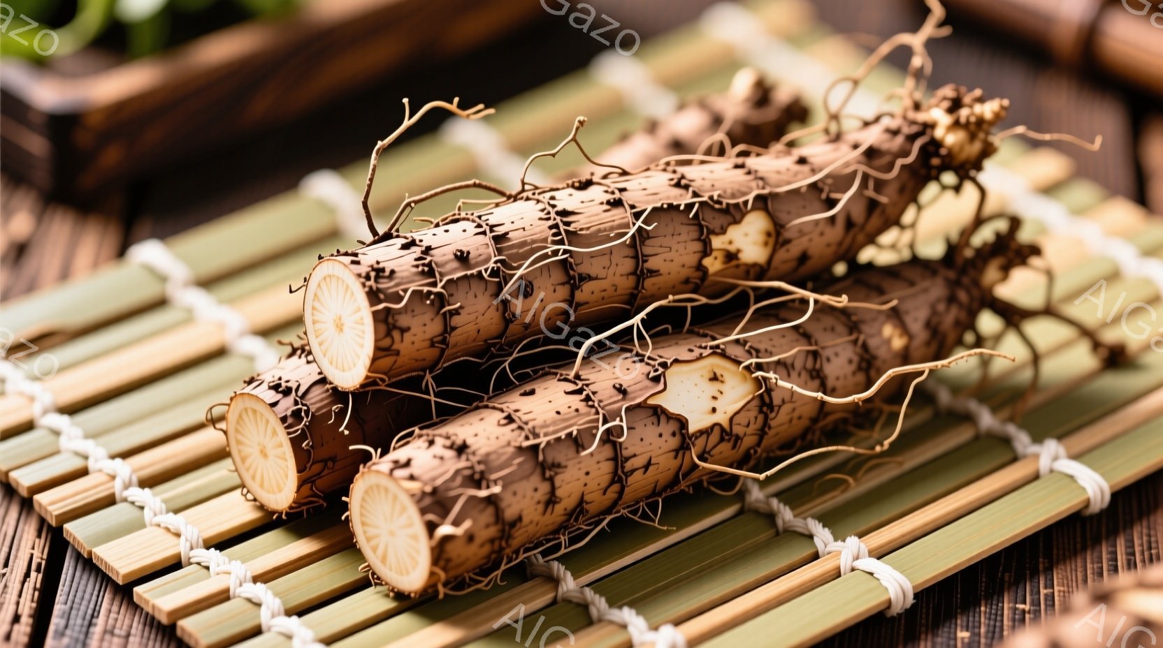 蓮根が竹製の敷物の上に置かれている画像です。蓮根は切断されており、断面から繊維状の模様がはっきりと見えます。全体的に自然な色合いで、素朴で落ち着いた雰囲気が漂います。