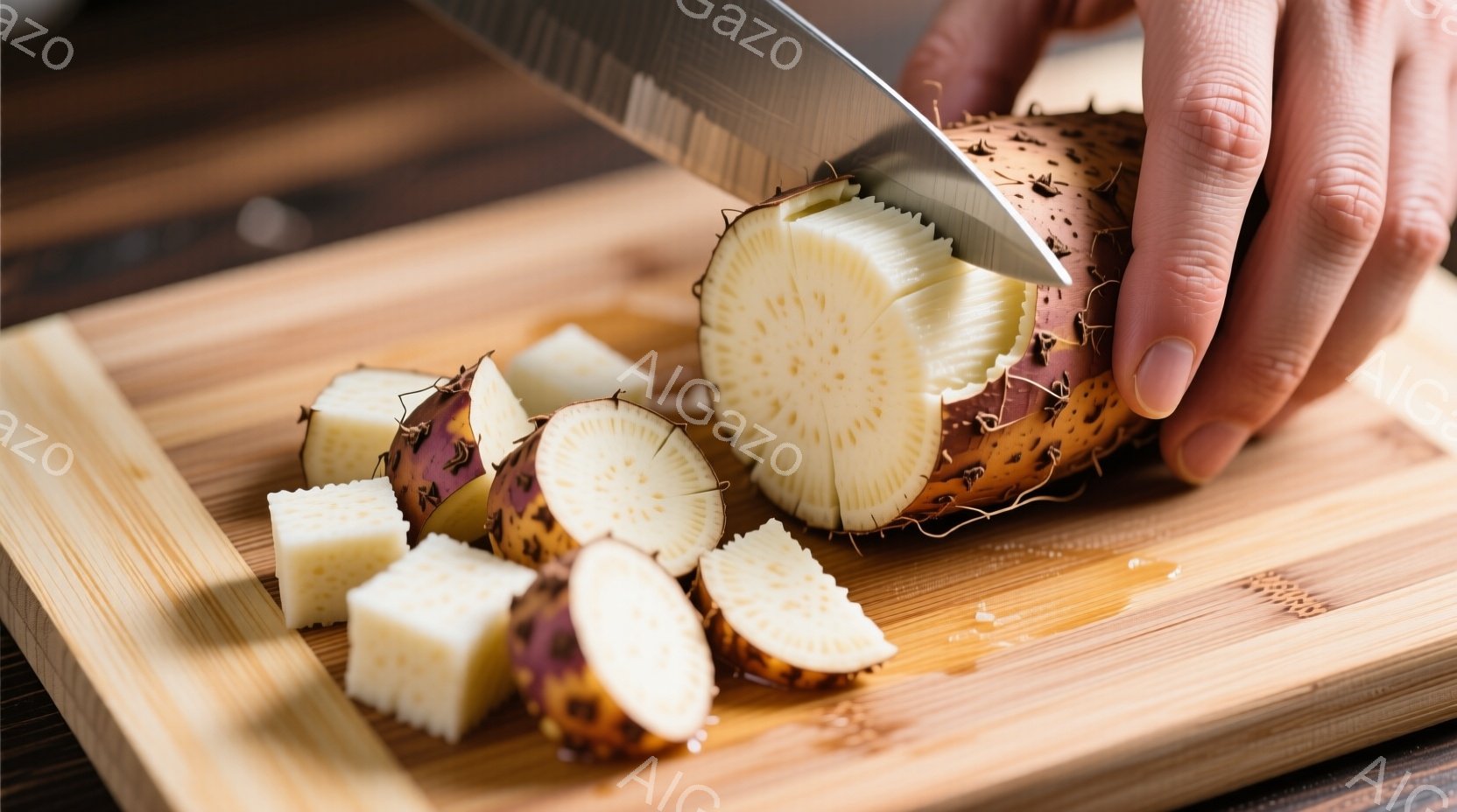 木製のまな板の上でヤマイモを切る手が写っています。切られたヤマイモは、紫色の外皮と白い内部が特徴的で、様々な形にカットされています。全体的に暖色系の色調で、料理の準備風景を表しており、落ち着いた雰囲気が漂います。