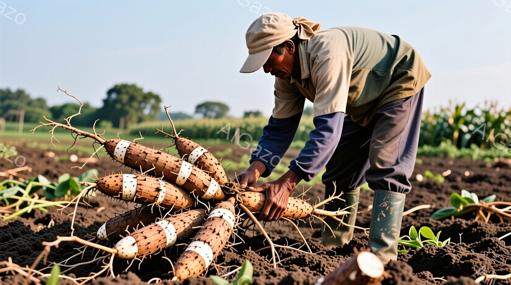 農家の方が土の中で収穫された山芋を丁寧に扱っている様子が写っている。彼はキャスケットと長袖のシャツ、そして緑色の長靴を着用し、土にひざまずいて山芋を選別している。背景には畑が広がり、遠くには緑豊かな自然が見える穏やかな天候の農作業風景である。