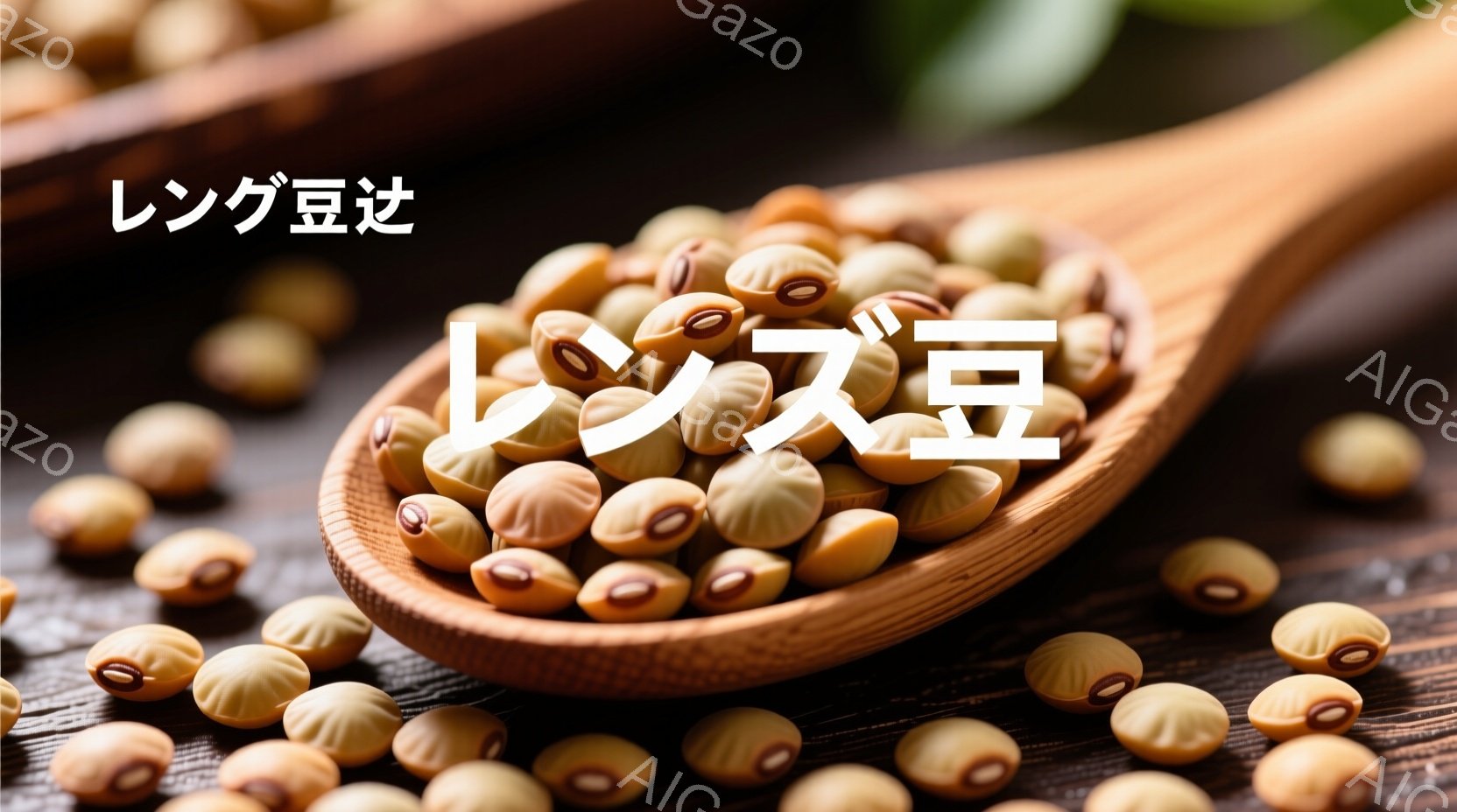 茶色い木製のスプーンにたくさんの大豆が盛られています。大豆は白と茶色のまだら模様で、スプーンからこぼれ落ちるように並べられています。背景は暗い木目で、大豆の自然な色合いが際立っています。