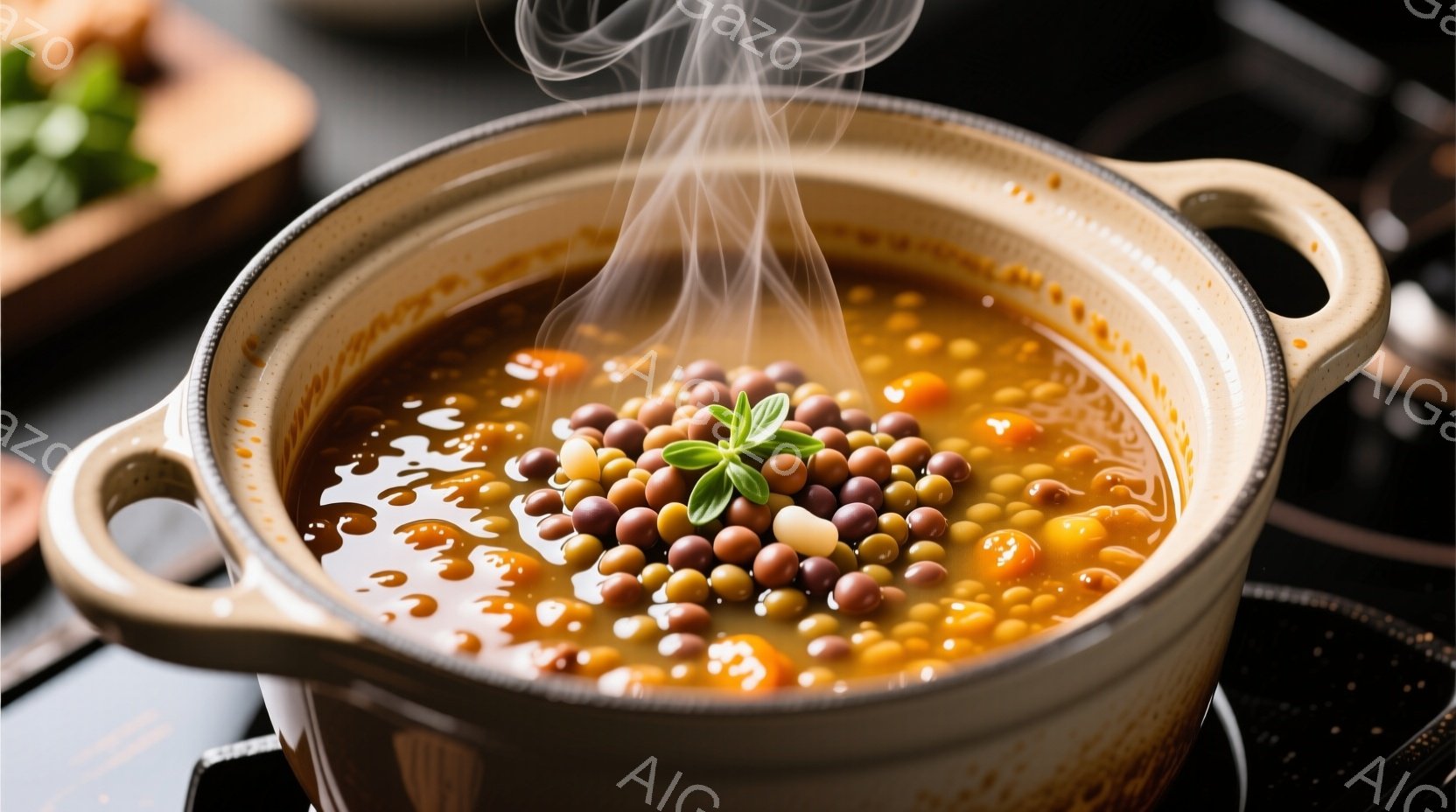 陶器の鍋の中に、茶色、白、黄色の丸い豆が入った温かいスープが湯気を上げている。鍋の真ん中には新鮮なパセリが添えられており、スープの彩りを添えている。背景には黒い台と、ぼやけた緑色の何かがわずかに見えるだけで、スープそのものが焦点となっている。