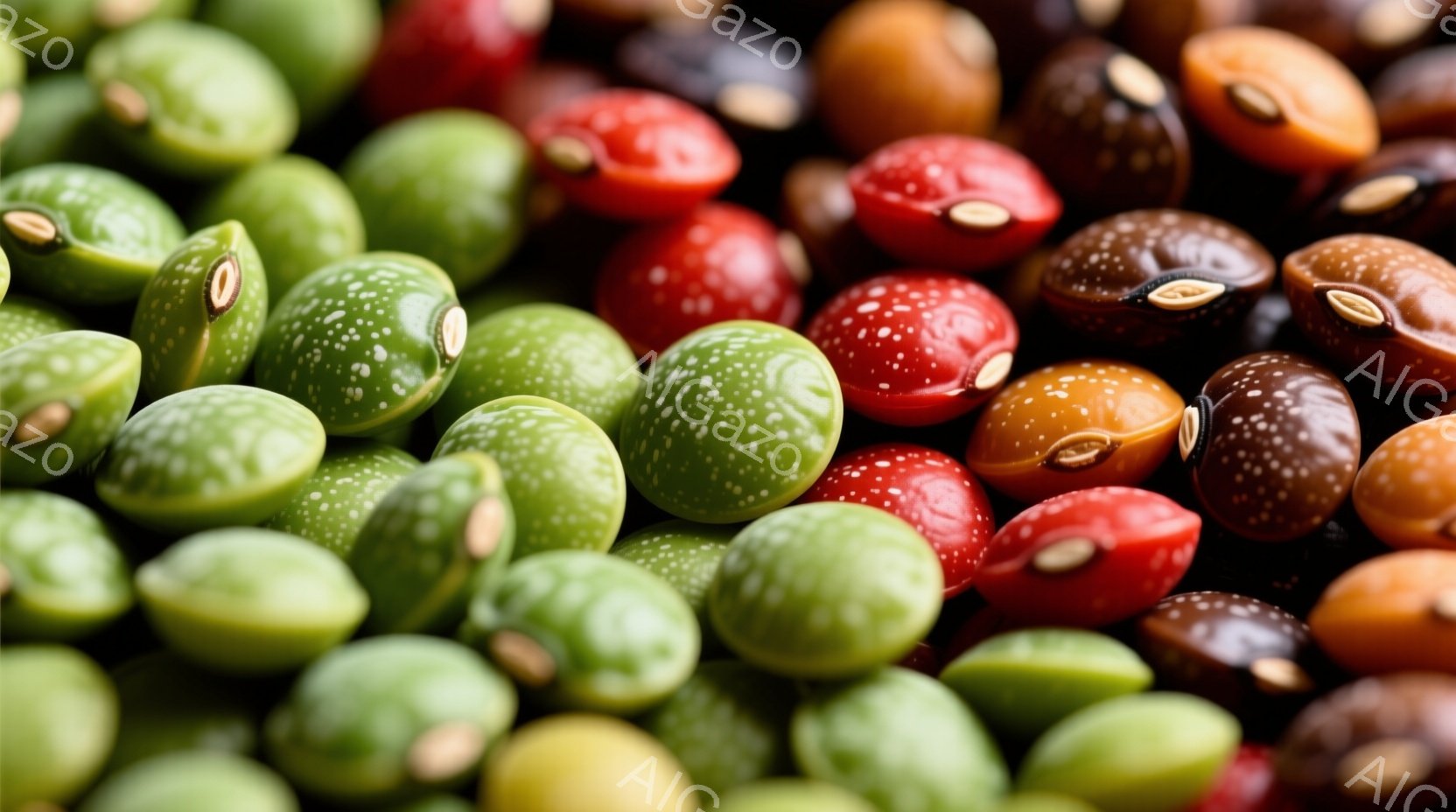 様々な色の豆が密集して写っています。緑、赤、茶色、オレンジなど、鮮やかな色彩が混ざり合い、粒一つ一つに独特の模様が見られます。豆の質感は滑らかで、光沢があり、全体的に暖かく、自然な雰囲気です。