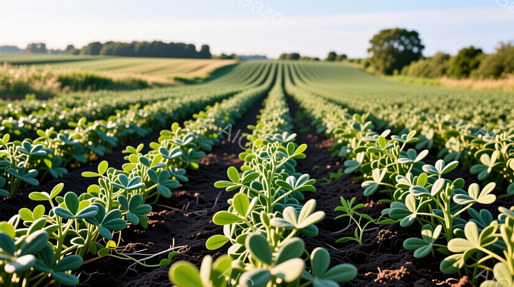 広大な畑が、整然と並んだ若い植物で埋め尽くされている。土は暗く、植物の鮮やかな緑とのコントラストが美しい。遠くには木々が見え、穏やかな天候と相まって、豊かで平和な田園風景が広がっている。 - AI生成フリー素材