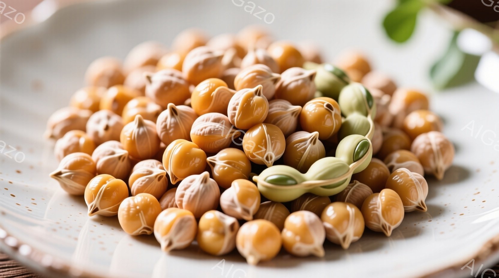 白い皿の上に、茶色とクリーム色の小さな豆のようなものが大量に広がっている。豆は丸みを帯びた形状で、一部は半分に割れて中身が見えているものもある。背景にはぼやけた緑色の葉っぱが見え、全体的に温かく、素朴な雰囲気を醸し出している。