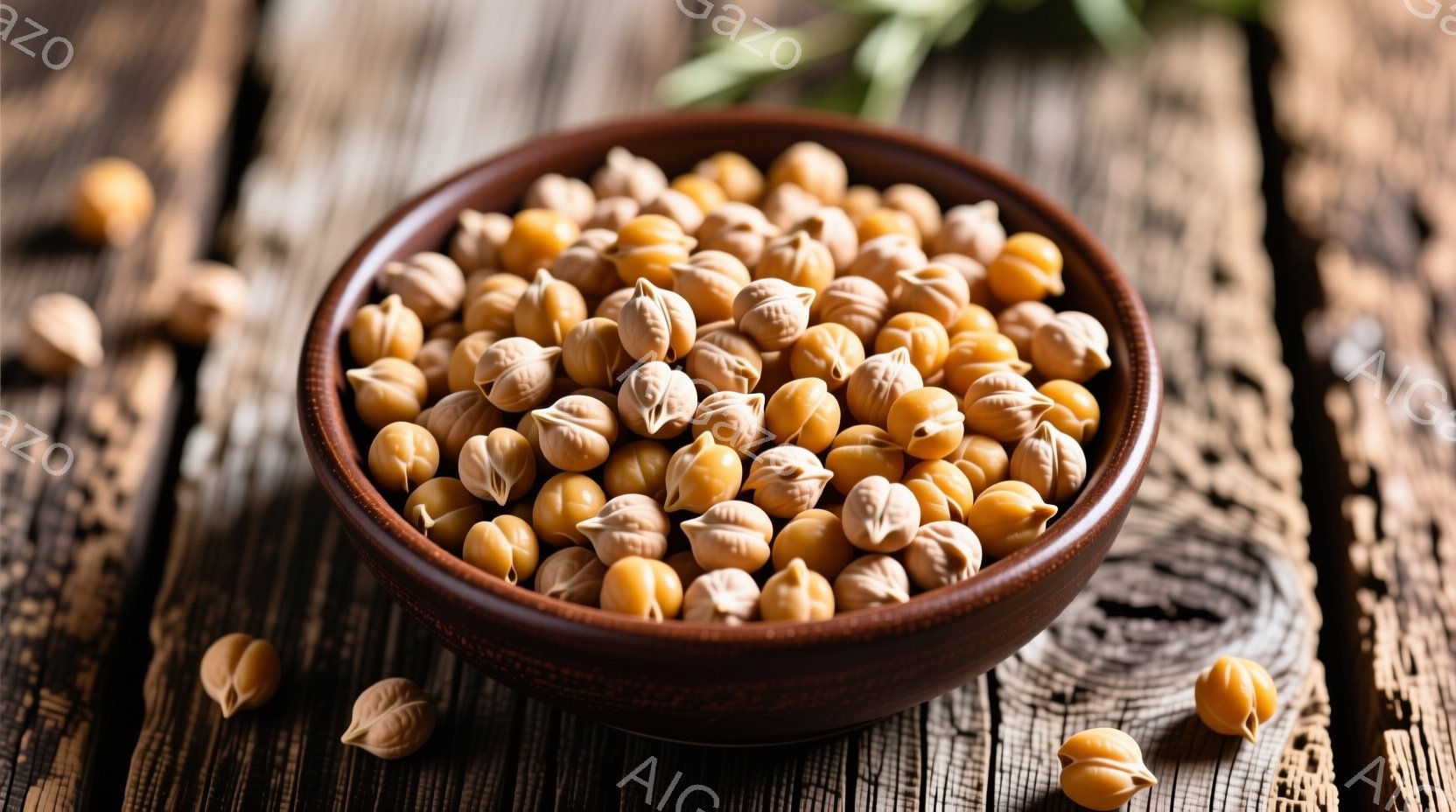 茶色いボウルにたくさんのひよこ豆が山積みに盛られています。背景は木製のテーブルで、いくつか豆がこぼれ落ちています。全体的に暖かく、素朴な雰囲気が漂い、料理や食材を強調しています。