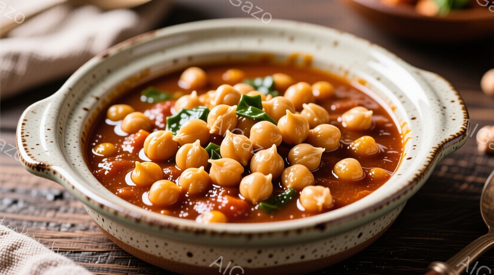 陶器のボウルに、トマトベースのソースで煮込まれたひよこ豆がたっぷり入っています。新鮮なパセリが散りばめられ、彩りを添えています。ボウルは木製のテーブルに置かれ、温かみのある雰囲気で、家庭的な料理を連想 - AI生成フリー素材