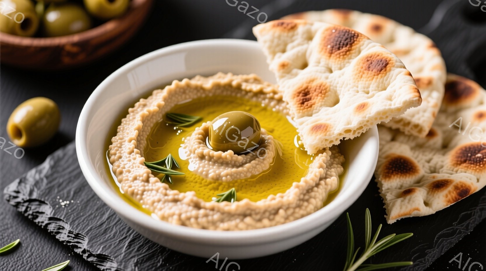白いボウルに盛り付けられたフムスが中央にあり、上にはオリーブオイルと刻んだハーブ、そして大きなオリーブが飾られています。フムスの周りには、焼き色がかったピタパンが数切れ置かれ、黒いスレートのような背景が料理を引き立てています。全体的に暖かく、地中海風の雰囲気が漂う、食欲をそそるイメージです。