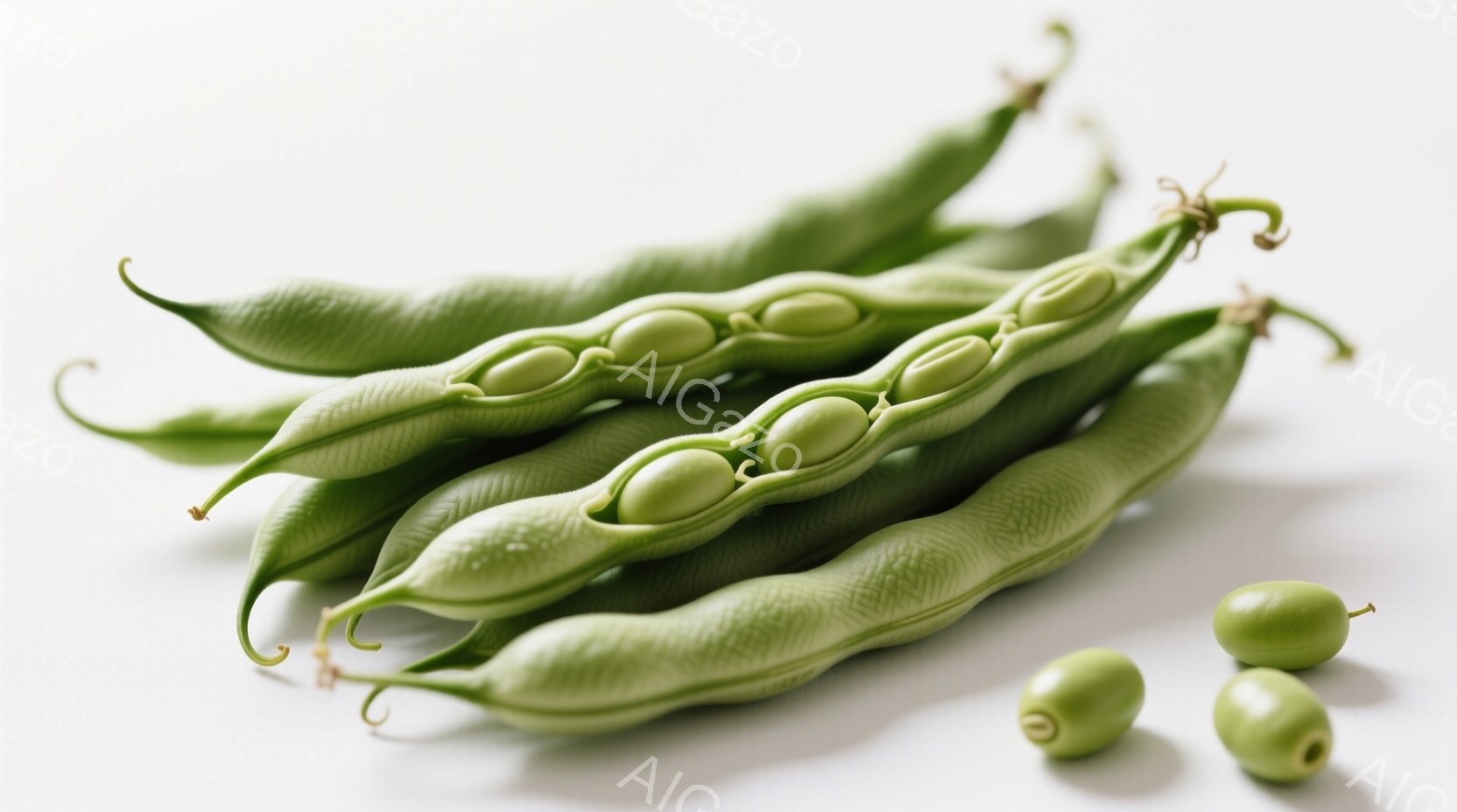 鮮やかな緑色のさや豆が数本、白い背景の上に置かれています。さやは少しカールしており、中には丸い豆がいくつか入っています。さやの隣には、殻から取り出された豆が数個散らばっており、全体的にフレッシュで自然 - AI生成フリー素材