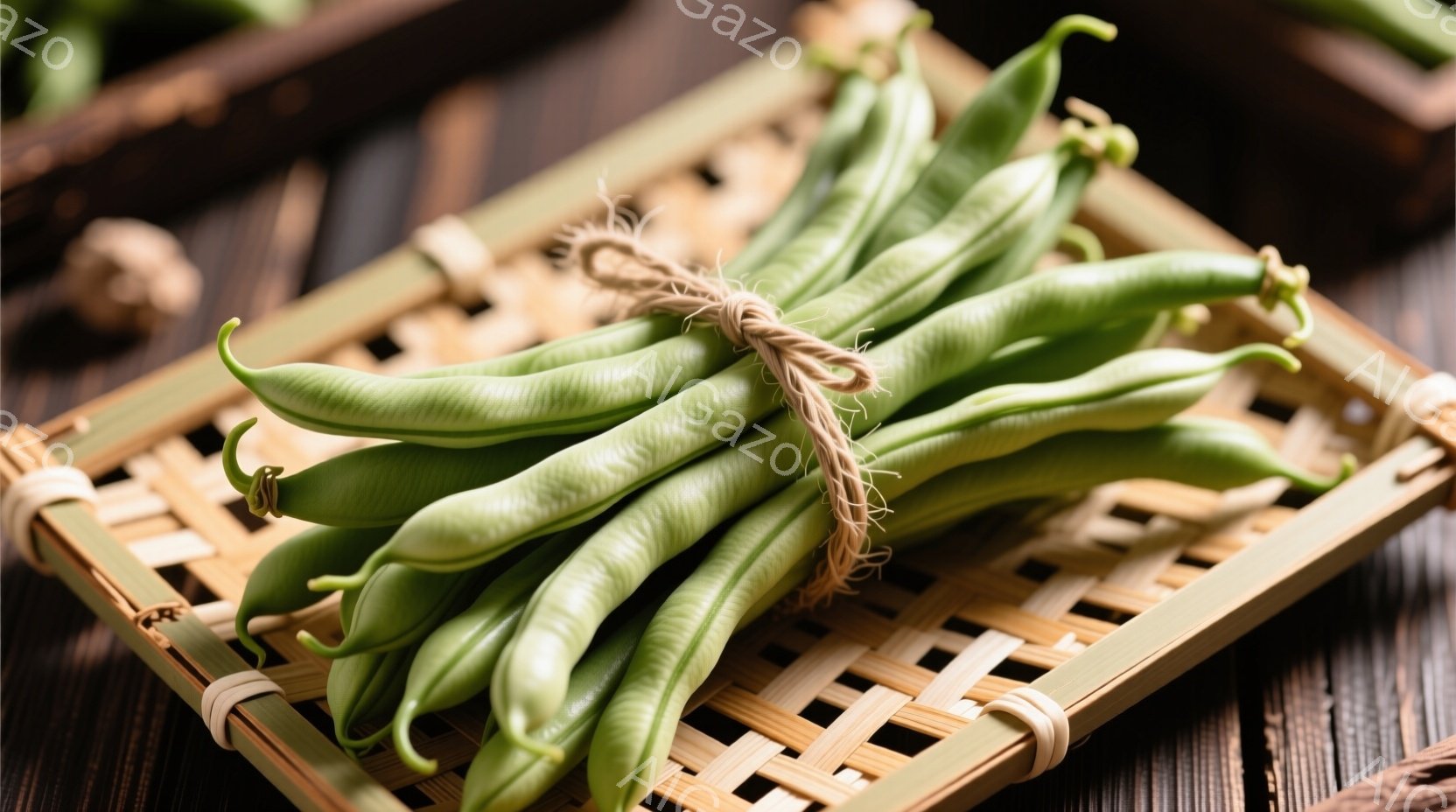 鮮やかな緑色のインゲンが、麻紐で結ばれて籐編みのトレイに乗っています。背景は木製のテーブルで、他の野菜らしきものもわずかに見えます。全体的に素朴で自然な雰囲気があり、食卓を彩る新鮮な食材を表現していま - AI生成フリー素材
