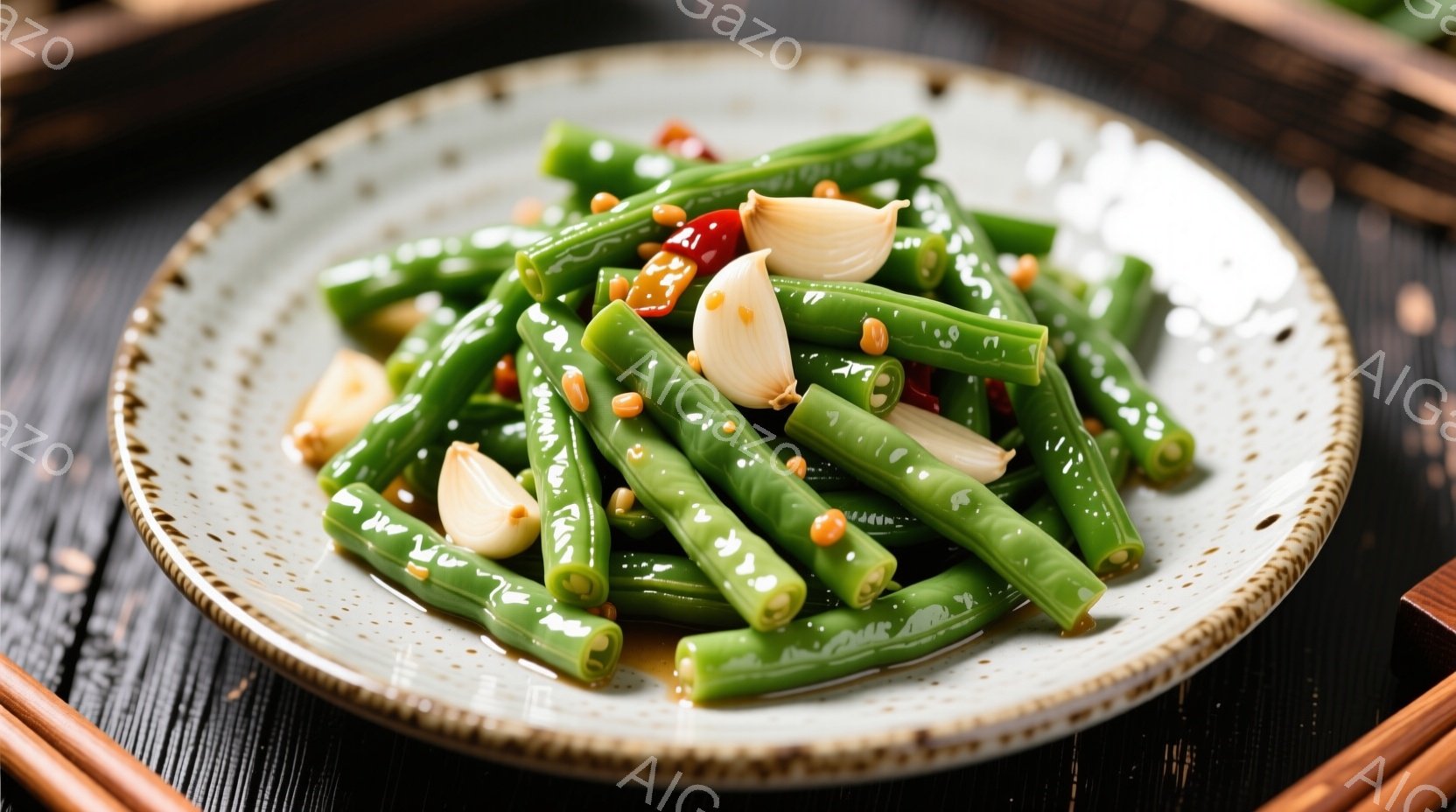 緑色のインゲン豆が、白地に茶色の模様が入った浅い皿に盛り付けられています。皿の中には、スライスされたニンニクや唐辛子、そして小さなオレンジ色の種が見えます。背景は木製のトレイで、インゲン豆の鮮やかな緑 - AI生成フリー素材