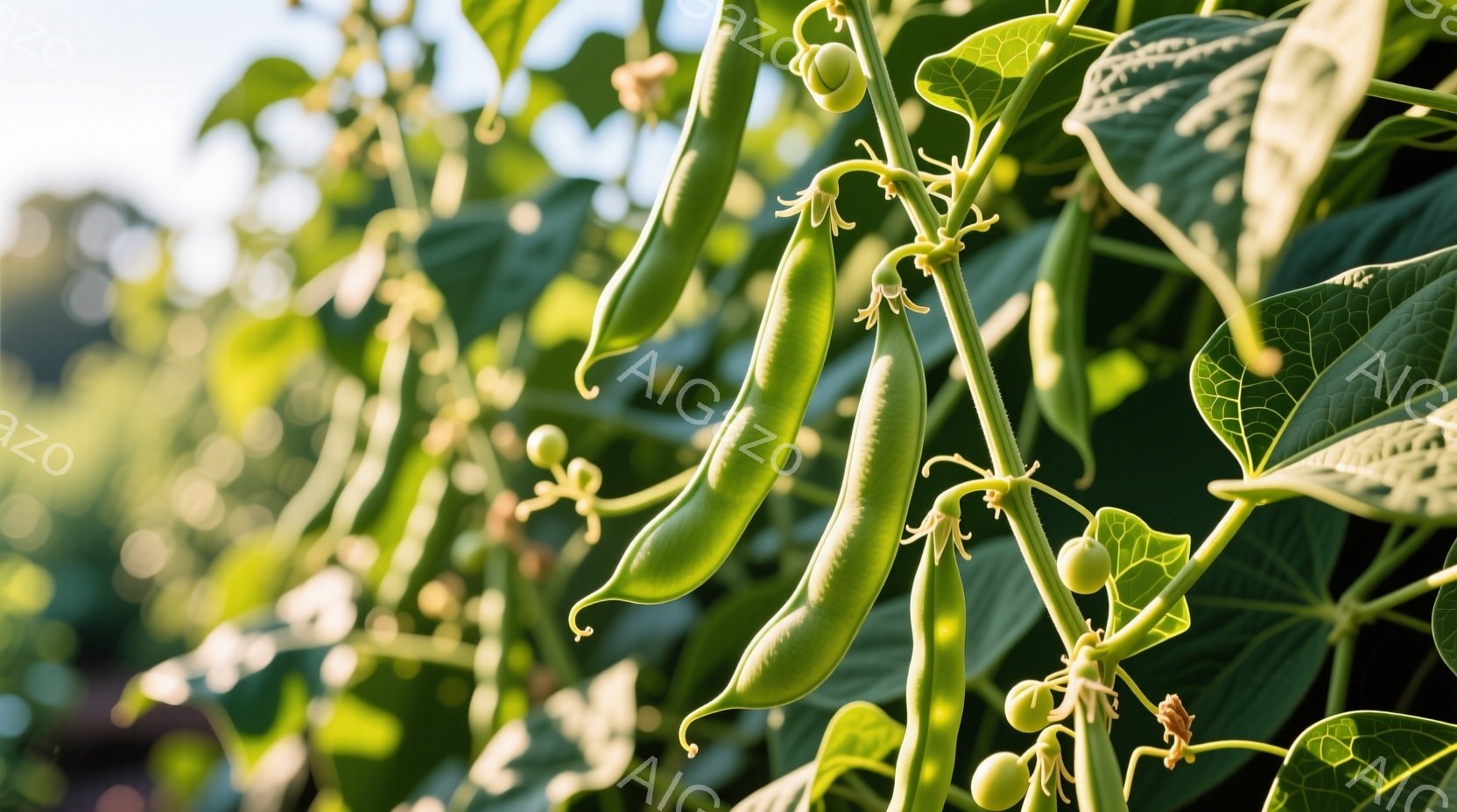 鮮やかな緑色のさや豆が、つるに沿って数個ぶら下がっている様子が写っている。背景には緑豊かな葉っぱが広がり、日光が差し込んで明るい雰囲気を作り出している。全体的に、自然の恵みを感じさせる、穏やかで生命力に満ちたイメージである。