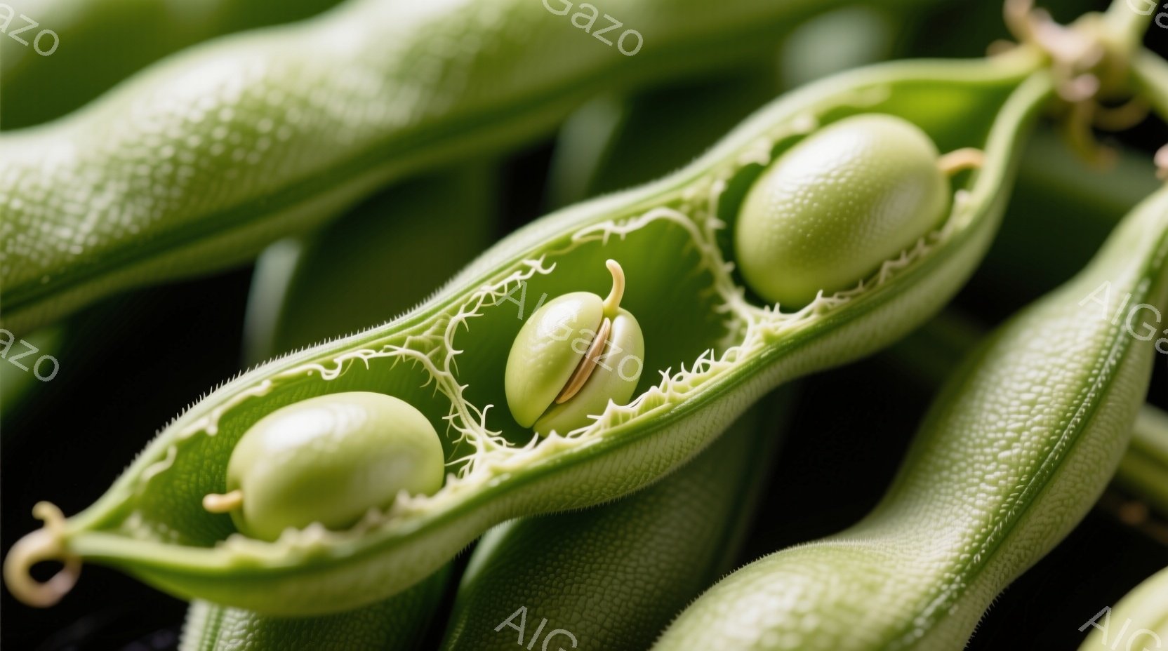 鮮やかな緑色の豆の莢が開き、中から３つの豆が見えている。そのうちの一つは発芽しており、白い根と小さな葉が確認できる。背景には他の豆の莢がぼやけて写っており、生命の成長と自然の息吹を感じさせる。