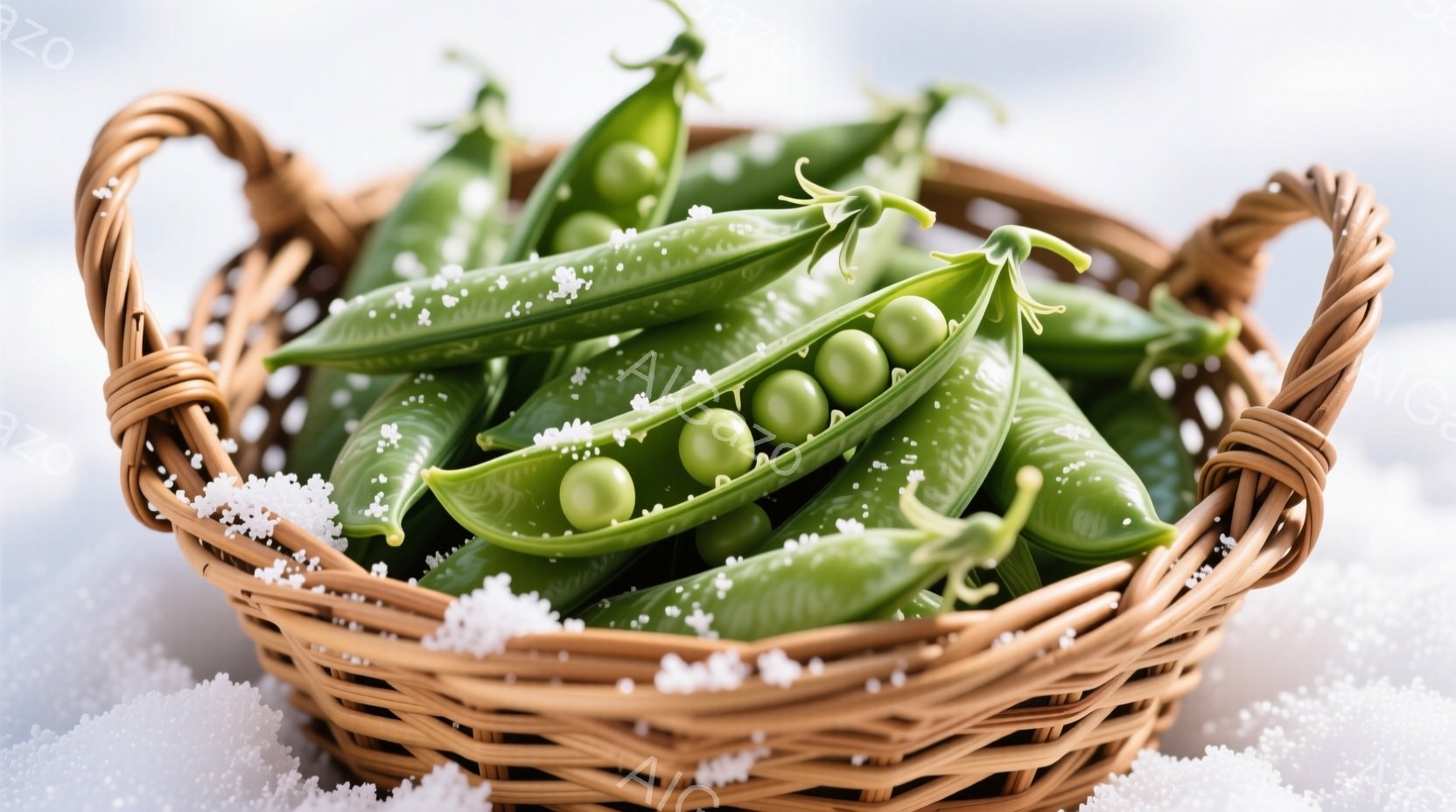籠の中に、緑色の若い枝豆がたっぷり入っており、いくつかは実が膨らみ、瑞々しい様子が伺えます。籠の周りには白い雪が積もっており、冬の寒さを感じさせますが、鮮やかな枝豆の色がその寒さを和らげています。全体 - AI生成フリー素材