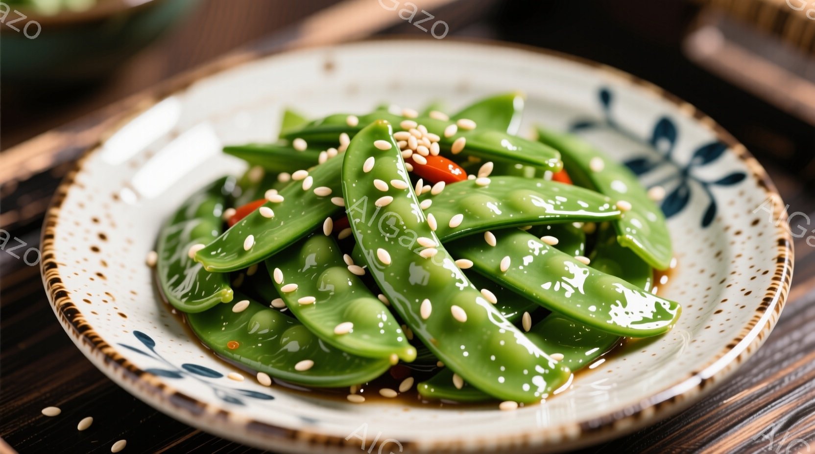 浅い茶色の縁取りと青い模様が施された丸い皿に、さやえんどうが盛り付けられています。さやえんどうは艶やかな緑色で、赤い唐辛子と白いごまが散らされており、風味豊かな料理であることがうかがえます。背景は木製 - AI生成フリー素材