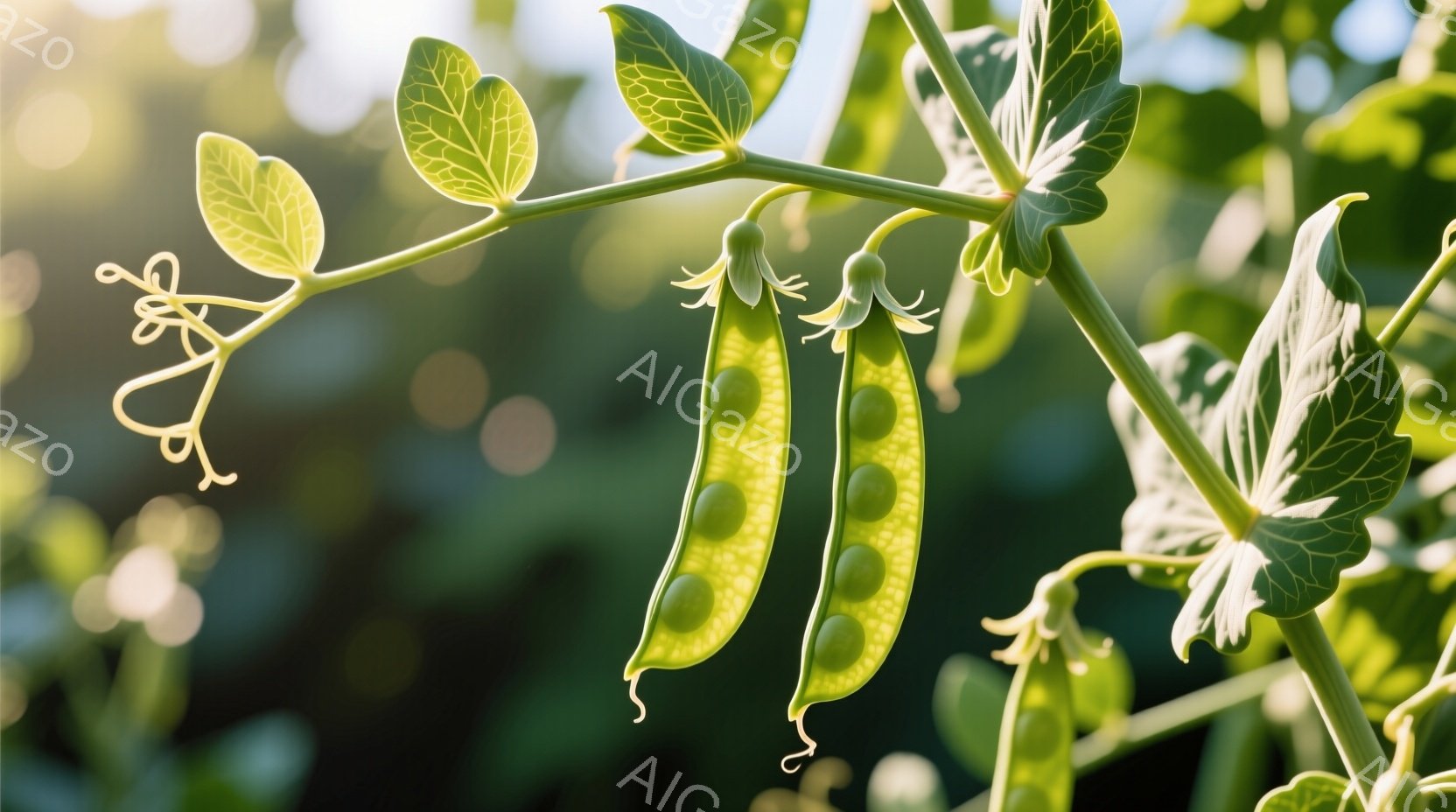 鮮やかな緑色のさや豆が2つ、茎にぶら下がって写っている。背景はぼやけた緑の葉っぱで、太陽の光が差し込み、明るく爽やかな雰囲気である。豆の表面には細かい筋があり、成長の過程が感じられる。