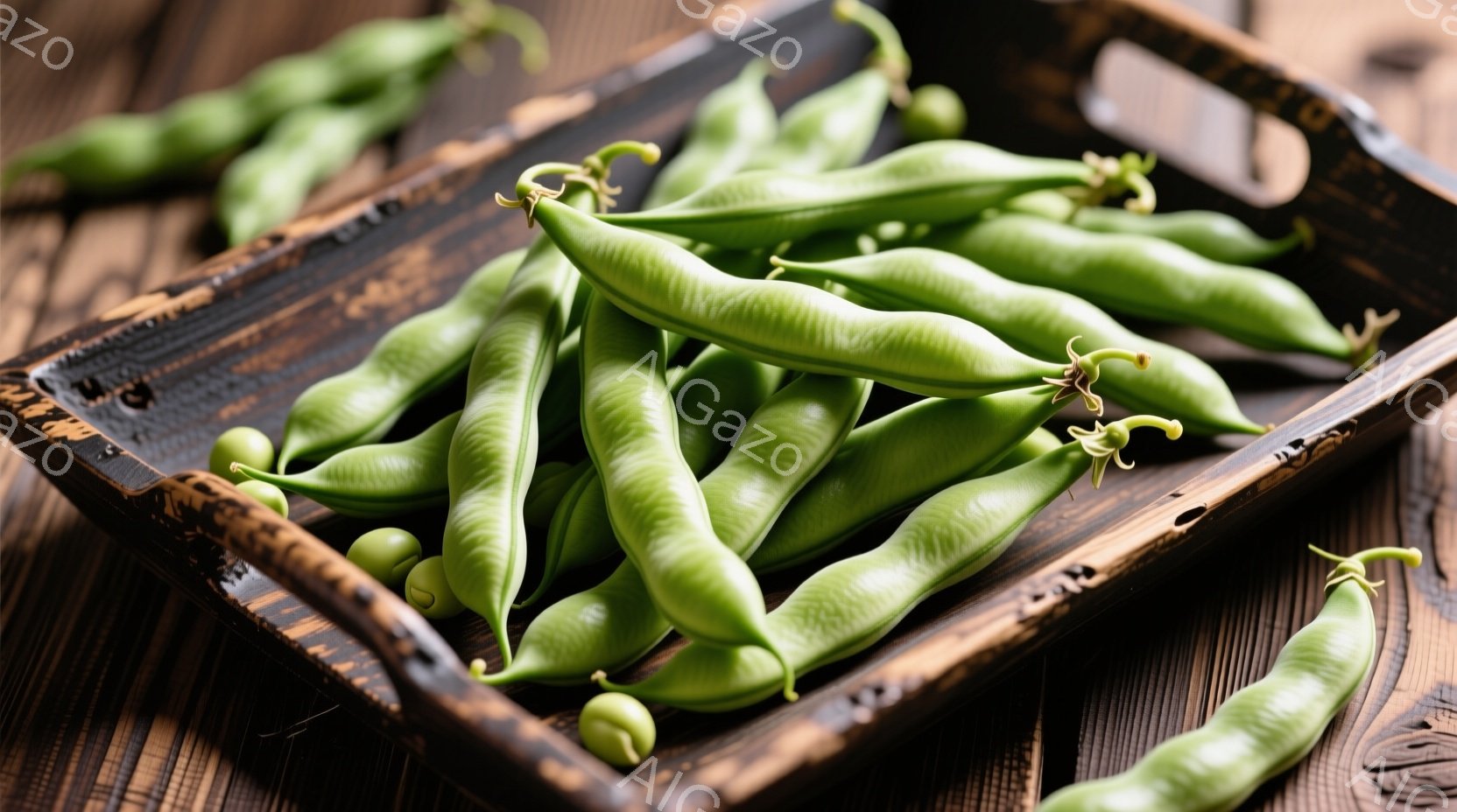 鮮やかな緑色のさや豆が、茶色い木製のトレイに無造作に置かれています。豆はまだ若々しく、つぼみがついており、新鮮さを感じさせます。背景は木目が見える茶色のテーブルで、素朴で温かい雰囲気を醸し出しています - AI生成フリー素材