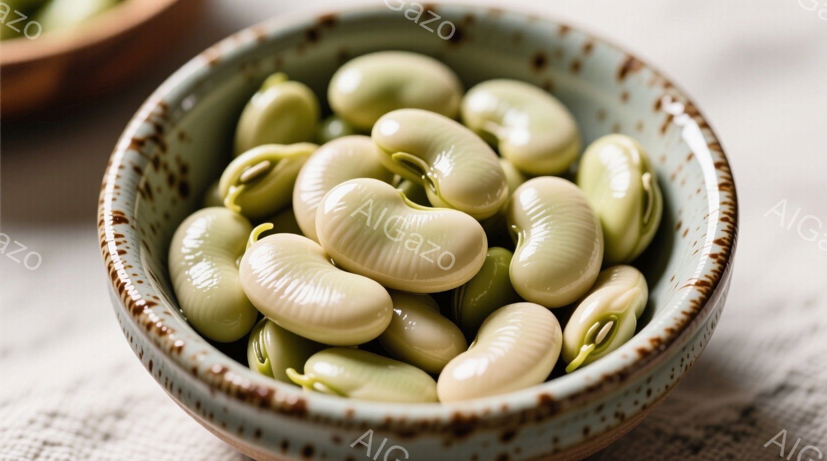 小さな、手作りのような陶器の茶碗に、鮮やかな緑色の豆がたっぷり盛られています。豆は丸みを帯びていて、一部にまだ緑色の鞘が付いており、新鮮さを感じさせます。背景は白っぽいリネン生地で、全体的に素朴で温か - AI生成フリー素材