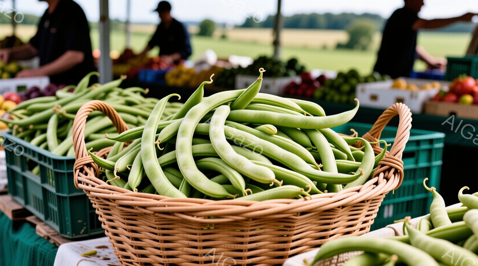 籠いっぱいの新鮮なインゲン豆が写っている。背景には、野菜や果物が並んだ市場の様子が見え、遠くには緑の田園風景が広がり、晴れた日の屋外の活気ある雰囲気が感じられる。人物はぼやけているが、おそらく市場の店 - AI生成フリー素材