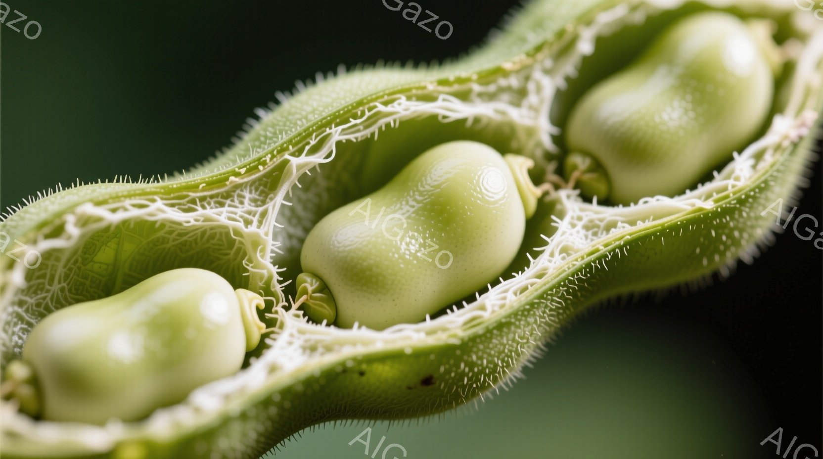 緑色の豆が、開いた豆の莢の中に並んでいるクローズアップ写真です。莢の内側は繊細な毛で覆われ、豆はふっくらとしており、表面にわずかな模様が見られます。背景は暗緑色で、豆とその莢に焦点が当てられ、柔らかく - AI生成フリー素材