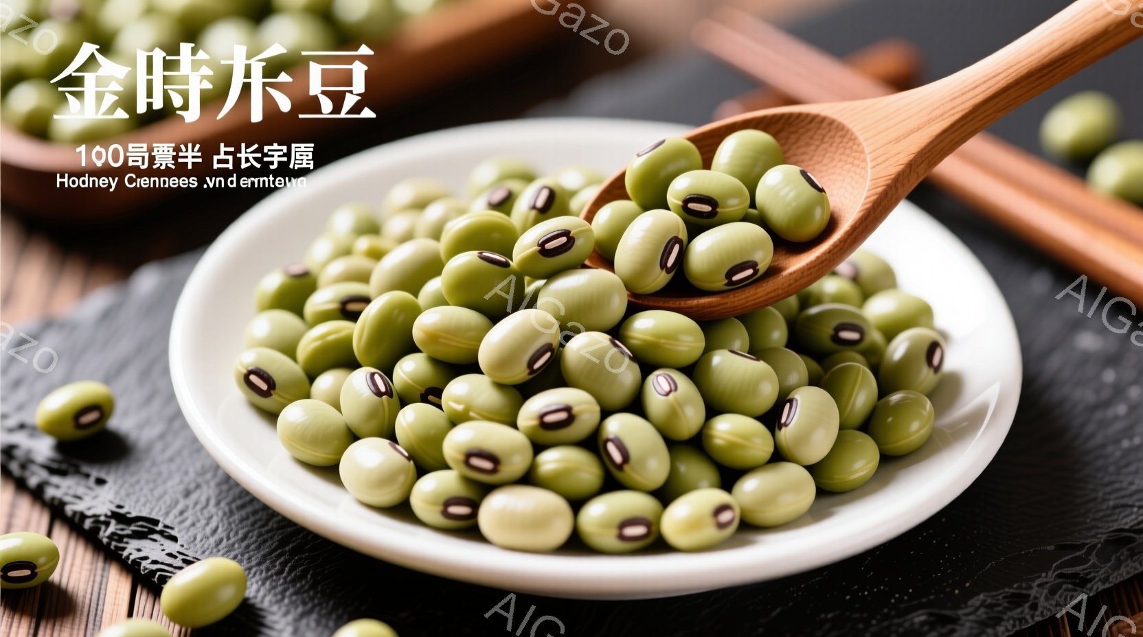 茶色いお皿に緑色の枝豆が山積みに盛られています。木製のスプーンが枝豆の中に挿されており、それらは光沢があり新鮮に見えます。背景は暗い木製の表面で、全体的に素朴で自然な雰囲気です。 - AI生成フリー素材