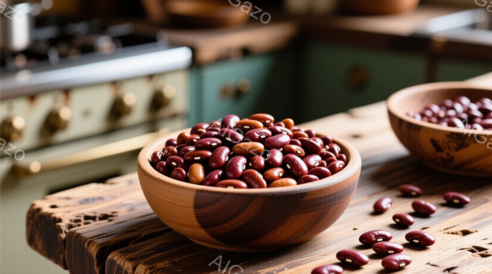 陶器のような木のボウルに赤茶色の豆がたっぷり入っており、一部は木製の粗い台の上にこぼれ落ちています。背景には緑色の壁と、ぼやけた調理器具が見え、温かみのある家庭的な雰囲気が漂っています。全体的に、素朴 - AI生成フリー素材